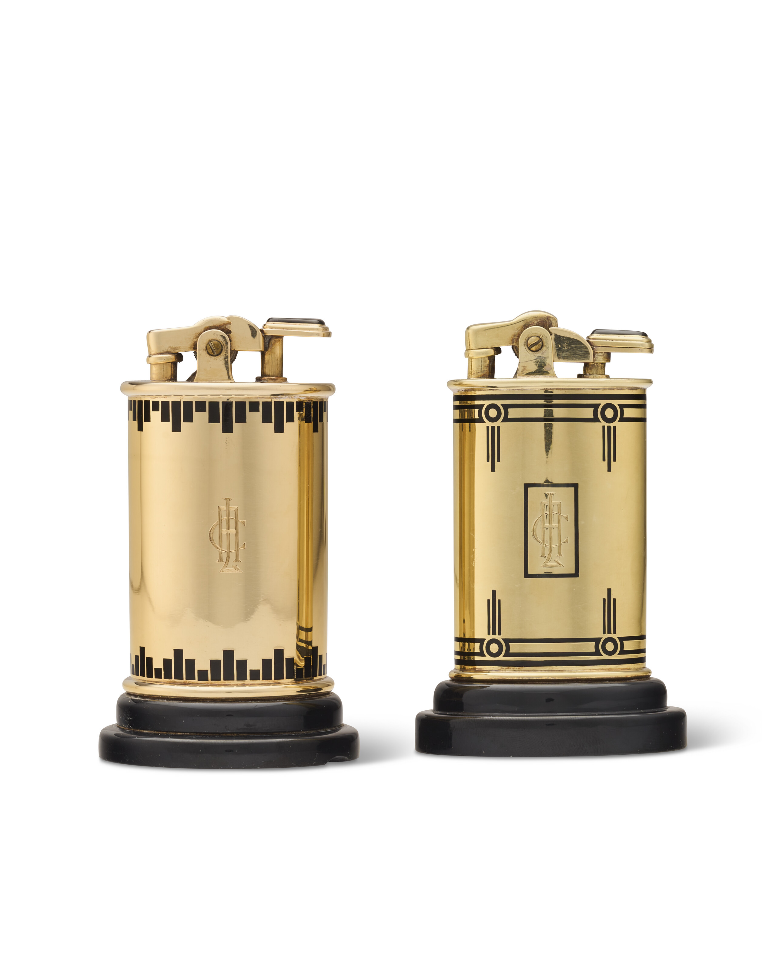TWO SIMILAR GOLD AND ENAMEL TABLE LIGHTERS, BY CARTIER, NEW YORK, CIRCA ...