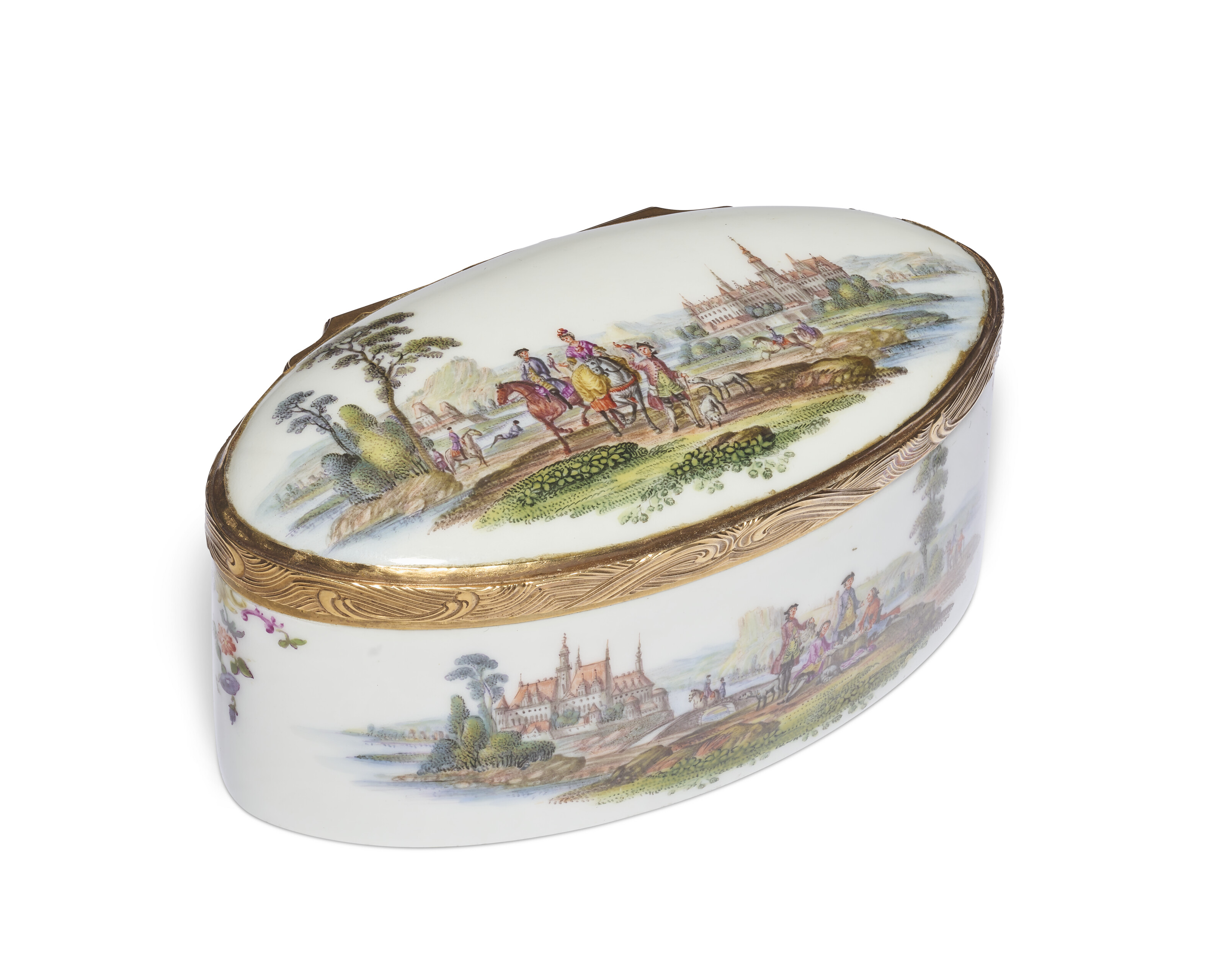 A GOLD OR SILVER-GILT MOUNTED MEISSEN PORCELAIN ELONGATED OVAL