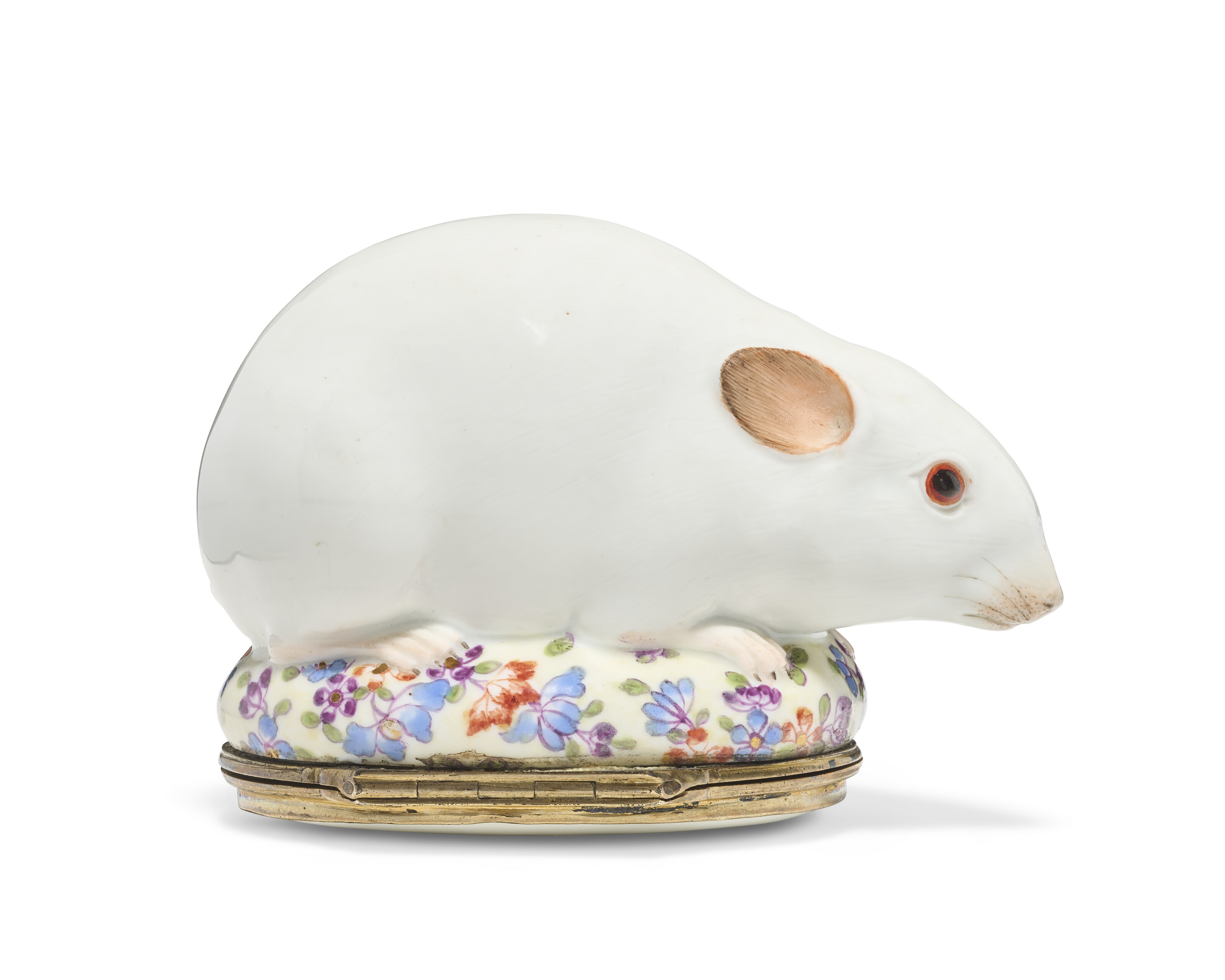 A SILVER-GILT MOUNTED MEISSEN PORCELAIN MOUSE-FORM SNUFF-BOX AND