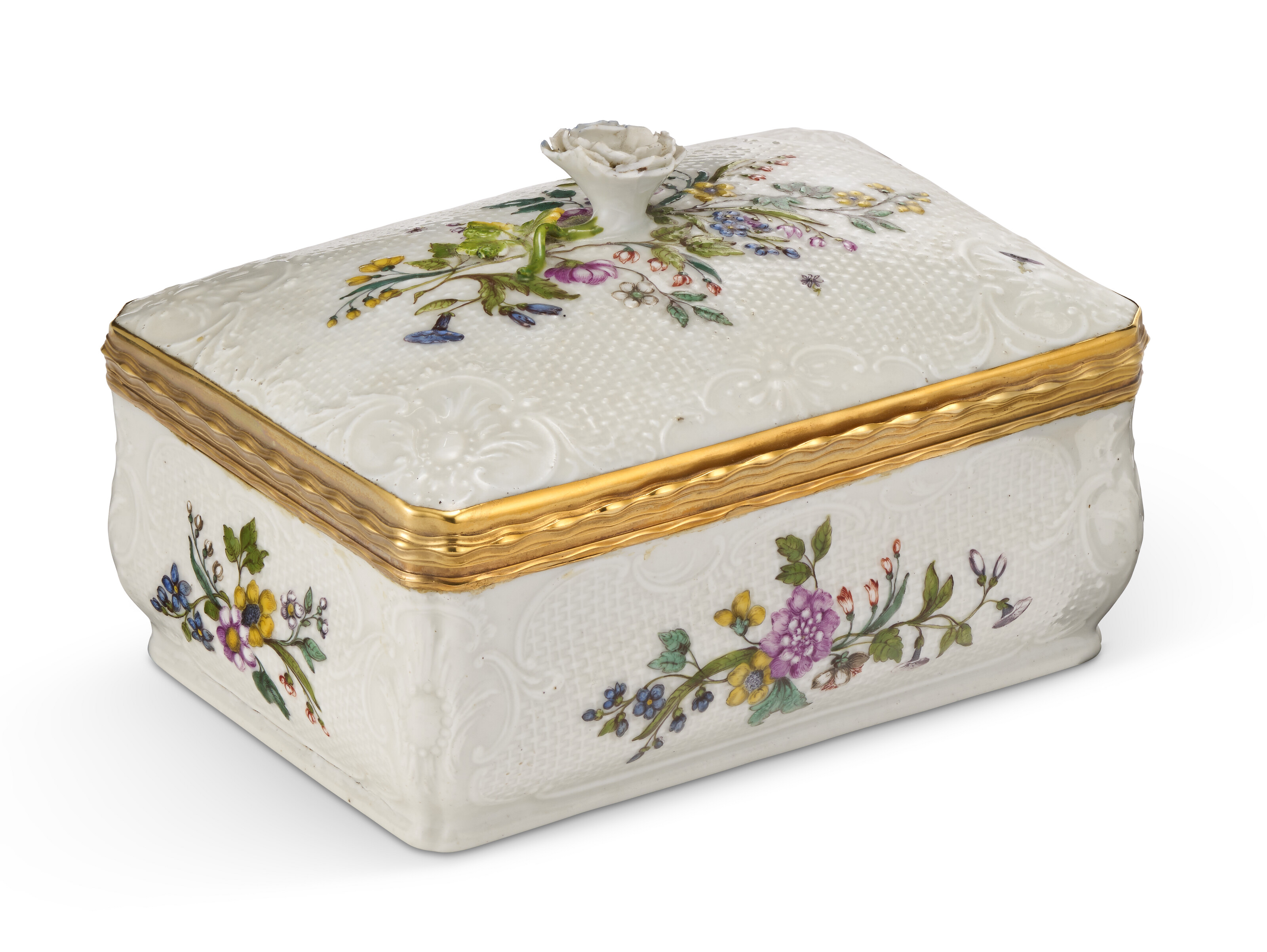 A GOLD-MOUNTED MEISSEN PORCELAIN RECTANGULAR TOBACCO-BOX AND