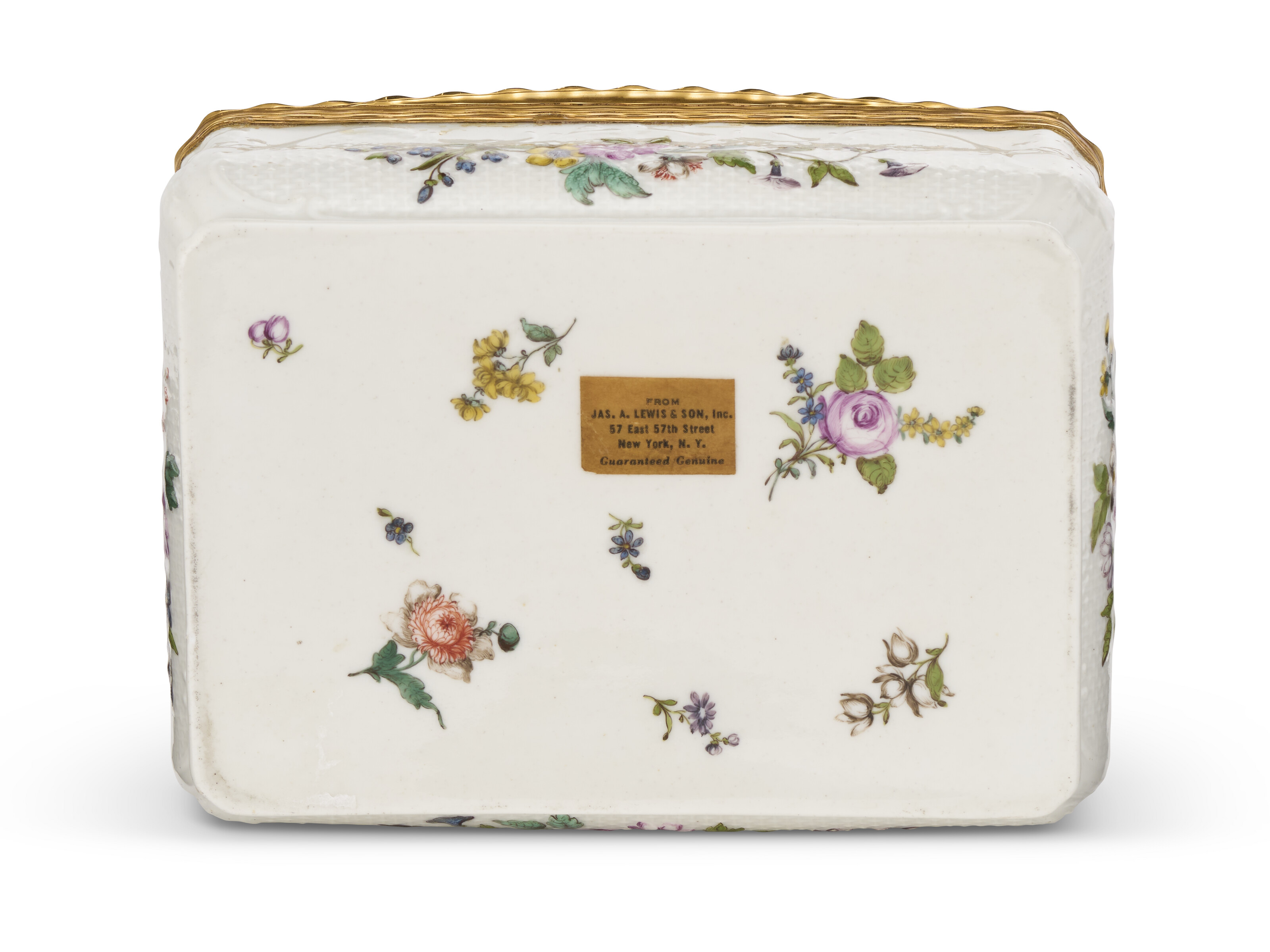 A GOLD-MOUNTED MEISSEN PORCELAIN RECTANGULAR TOBACCO-BOX AND