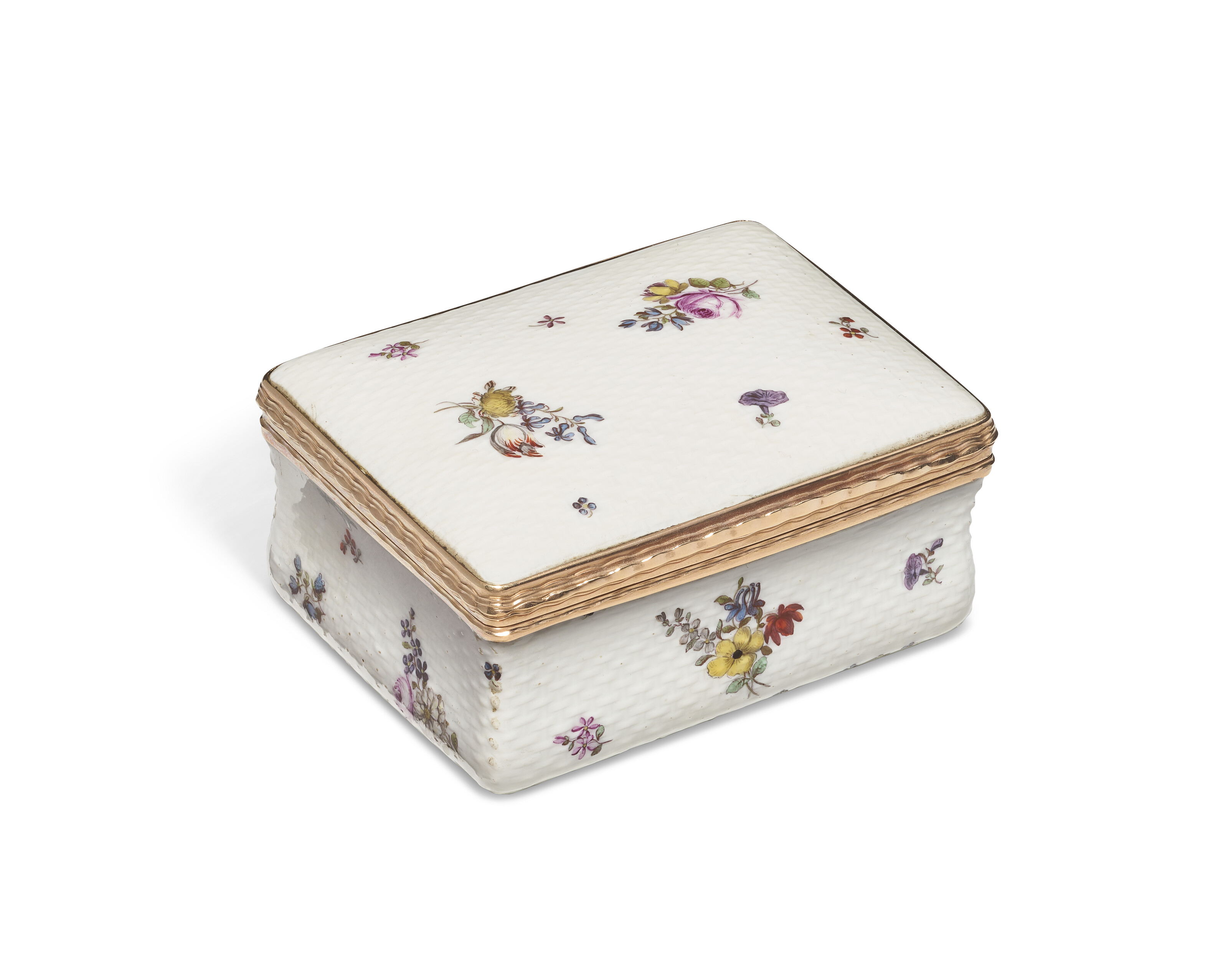 A GOLD-MOUNTED MEISSEN PORCELAIN RECTANGULAR TOBACCO-BOX AND