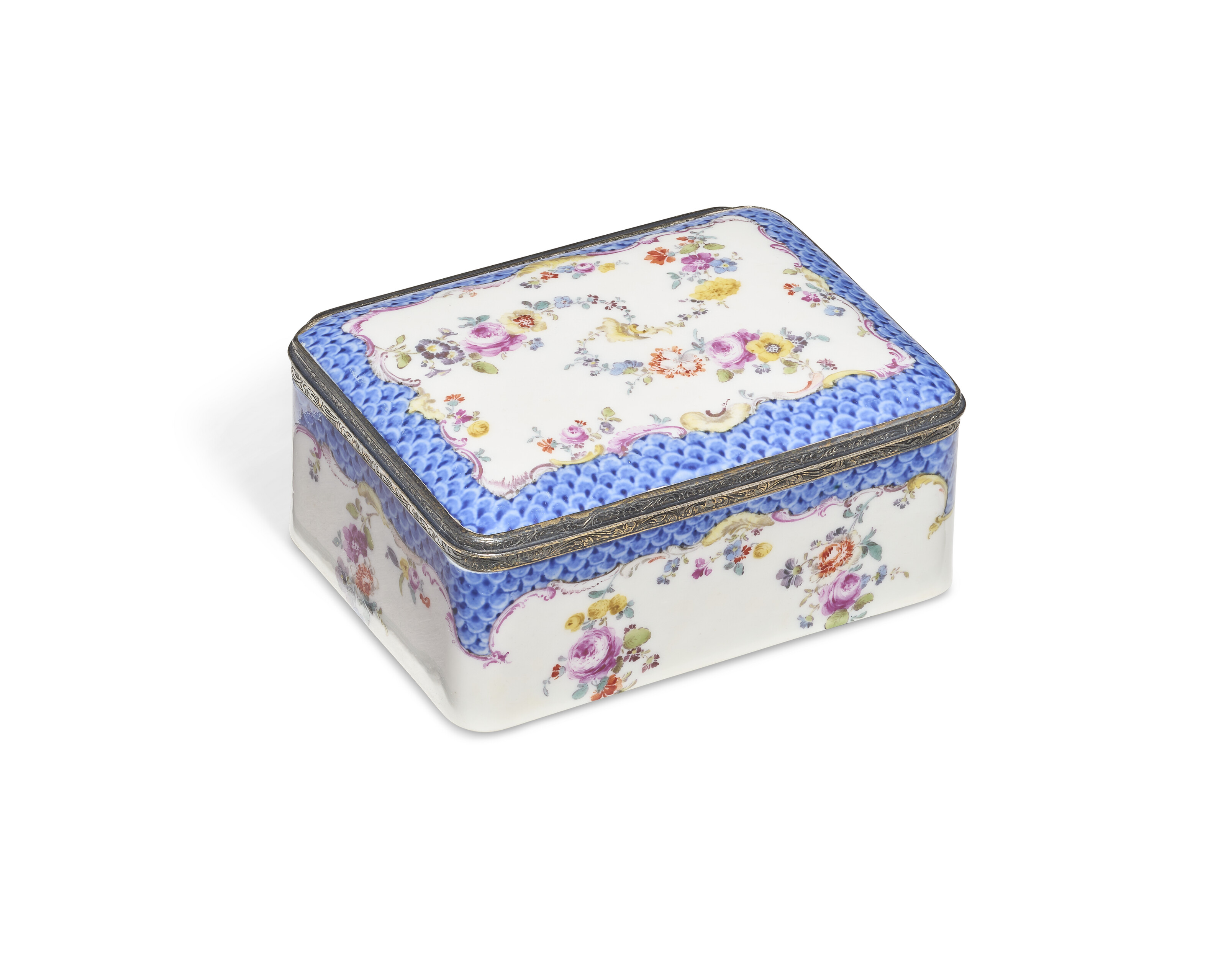 A SILVER-GILT MOUNTED MEISSEN PORCELAIN 'BLUE-SCALE' RECTANGULAR