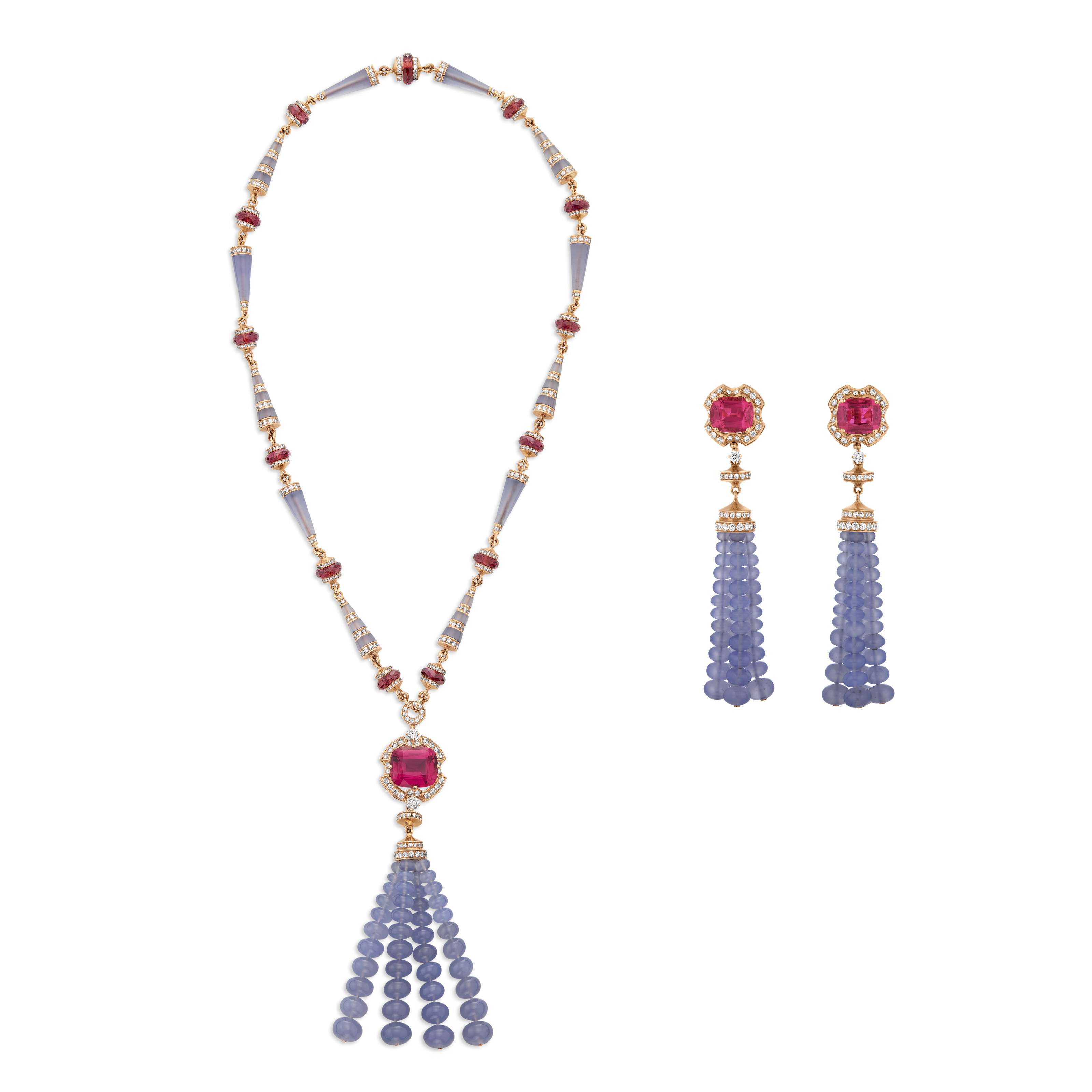 BULGARI SET OF PINK TOURMALINE, CHALCEDONY AND DIAMOND TASSEL