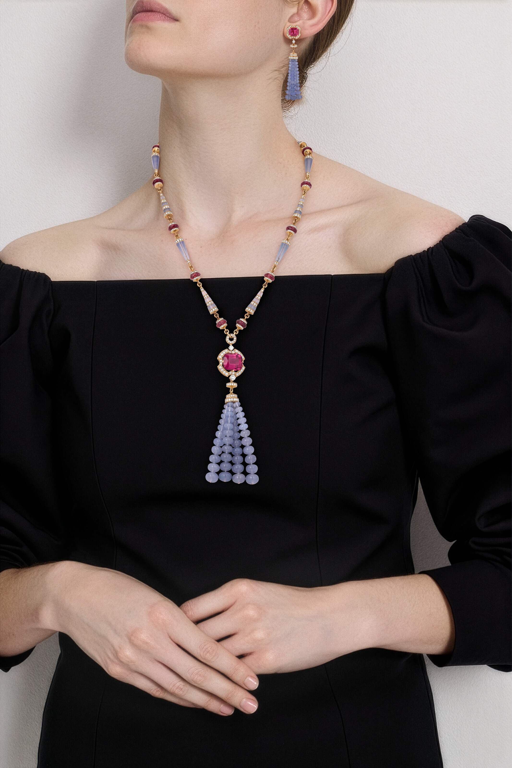 BULGARI SET OF PINK TOURMALINE, CHALCEDONY AND DIAMOND TASSEL