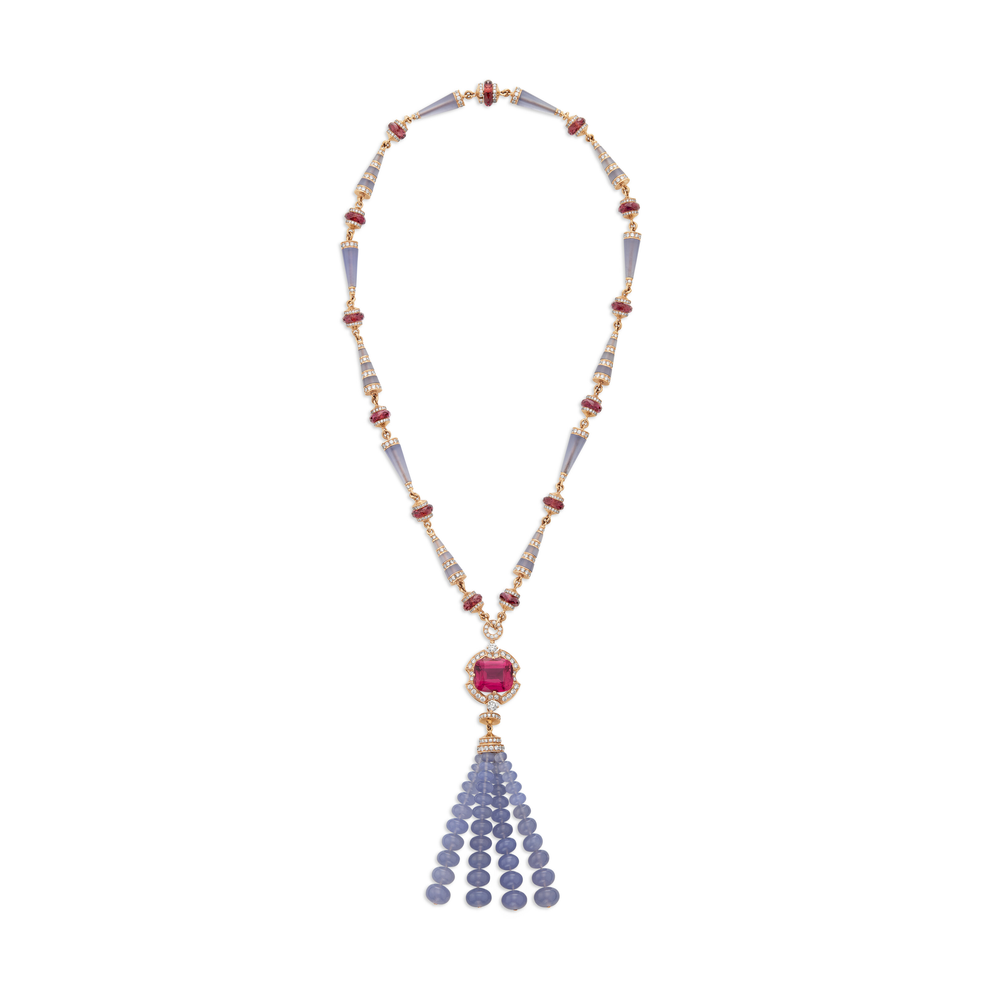 BULGARI SET OF PINK TOURMALINE, CHALCEDONY AND DIAMOND TASSEL