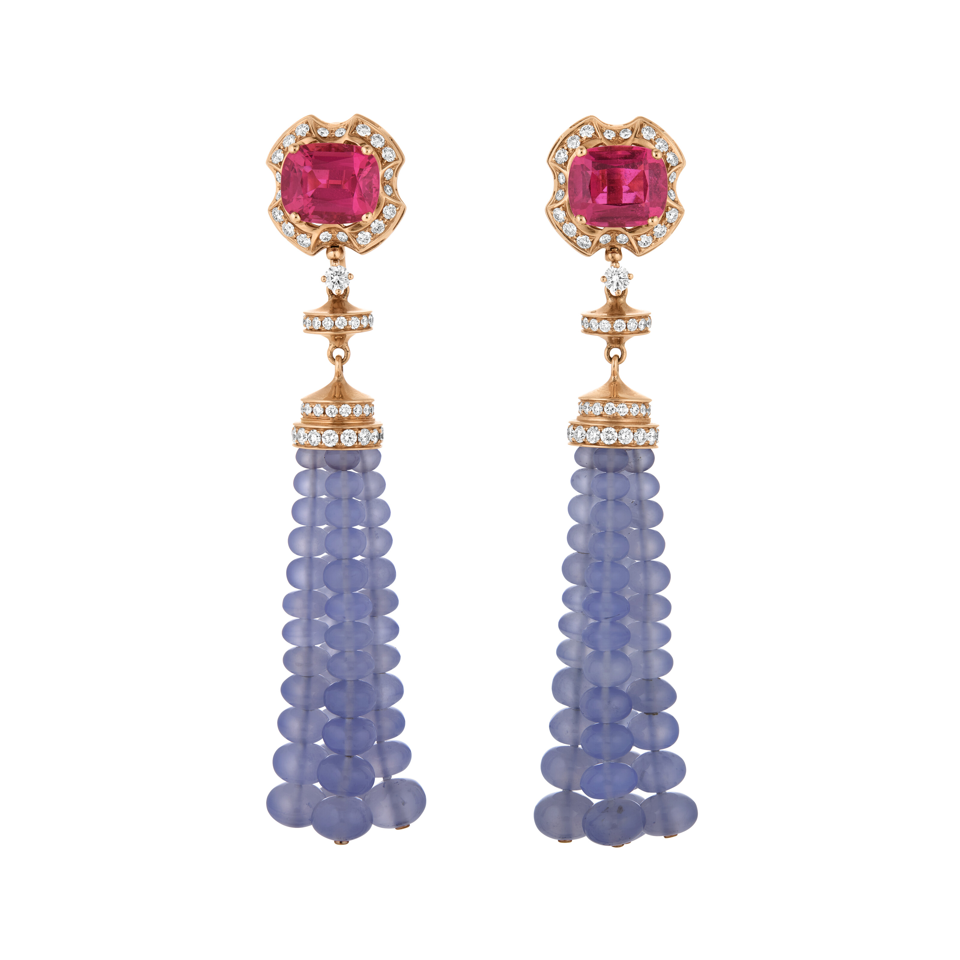 BULGARI SET OF PINK TOURMALINE, CHALCEDONY AND DIAMOND TASSEL