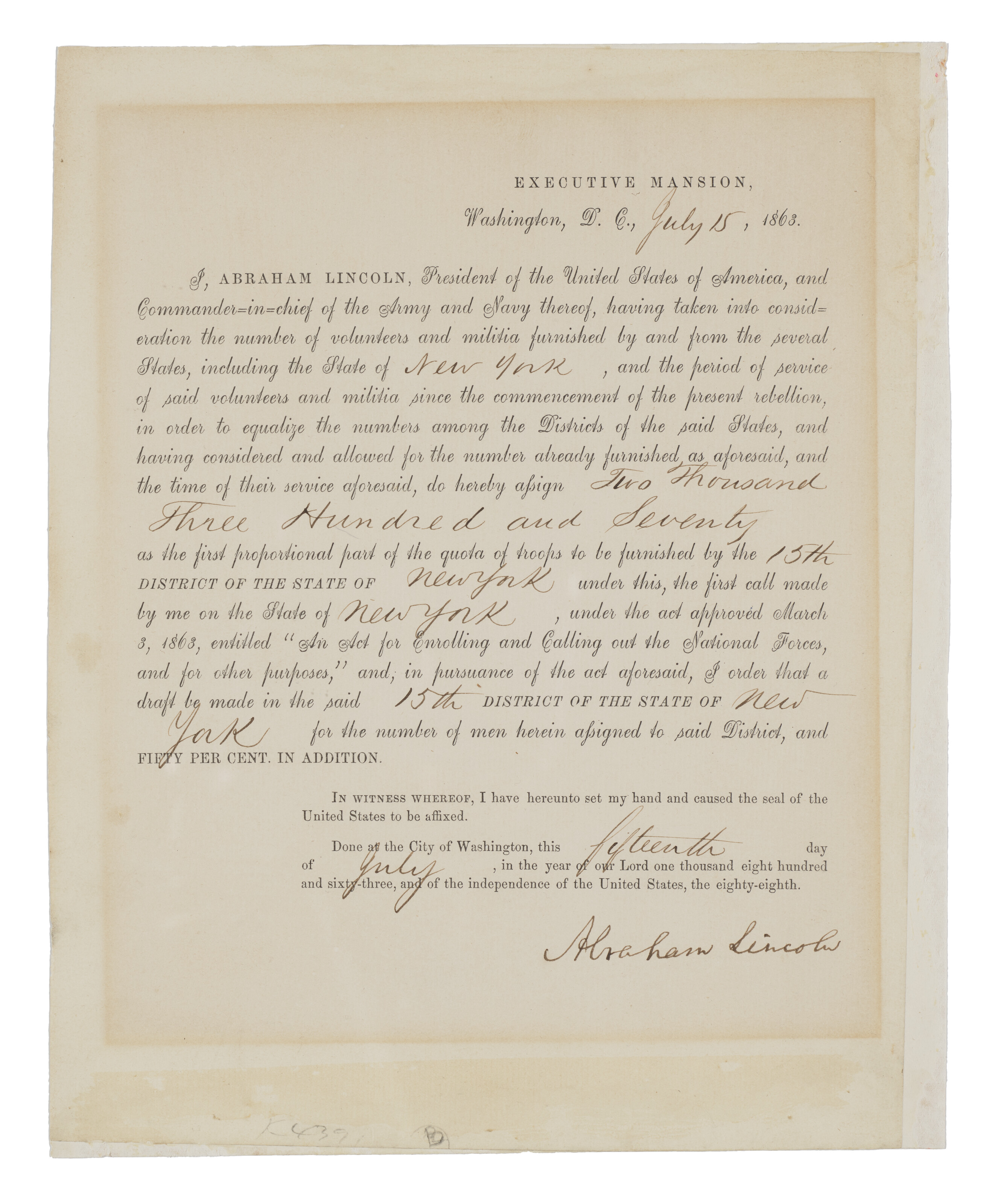 A draft call for New York issued weeks after the battle of Gettysburg ...