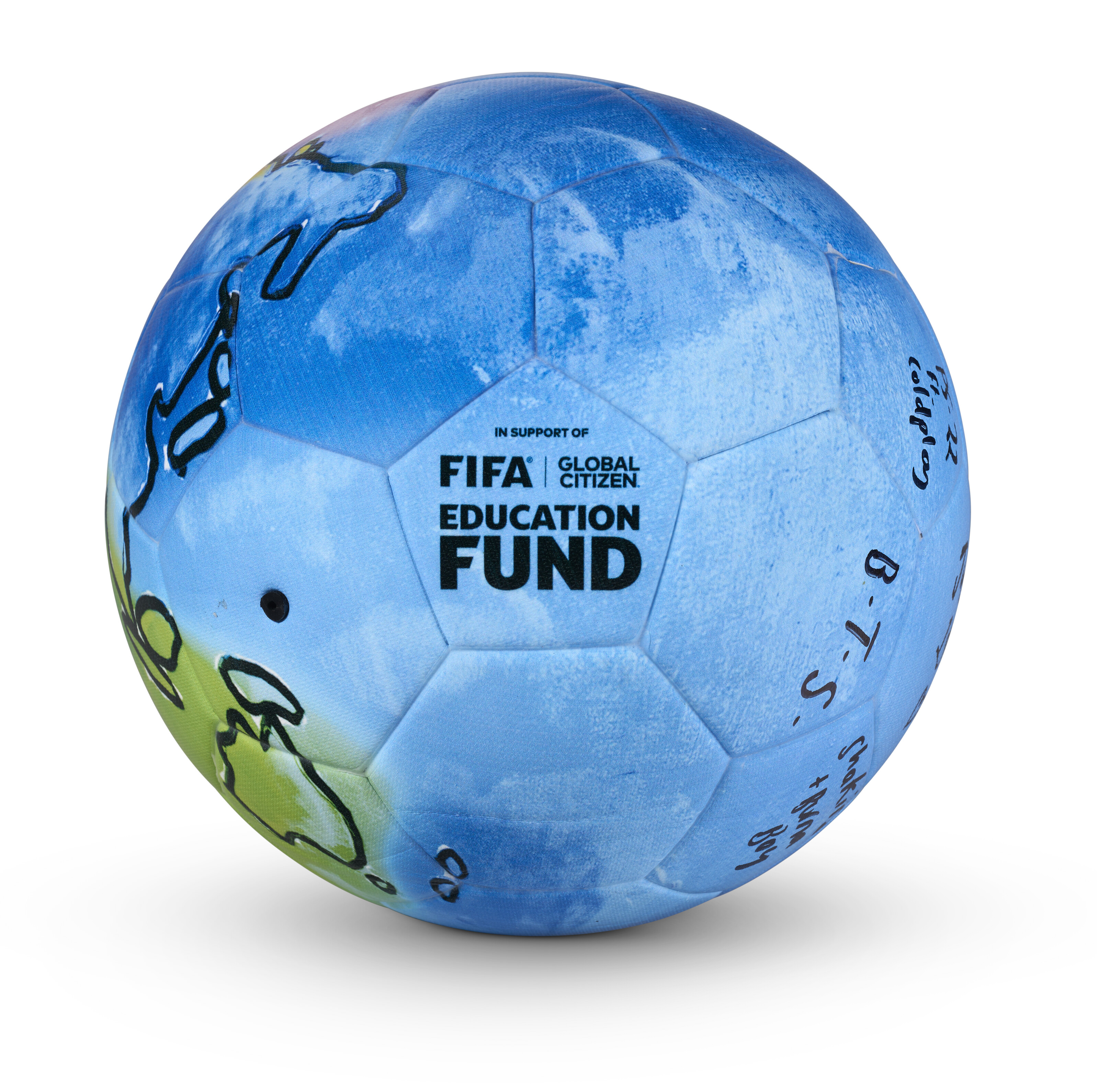 A FIFA WORLD CUP 2026 EARTH BALL INSCRIBED BY CHRIS MARTIN OF