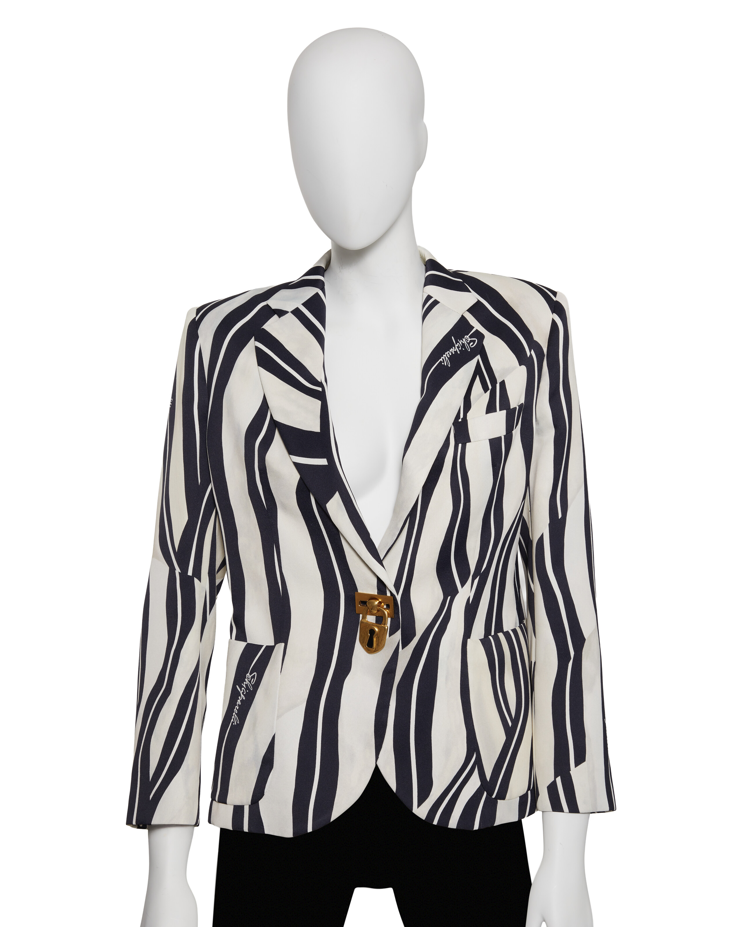 A BLACK AND WHITE PAINTBRUSH PADLOCK SATIN BLAZER, SCREEN WORN BY MERYL STREEP