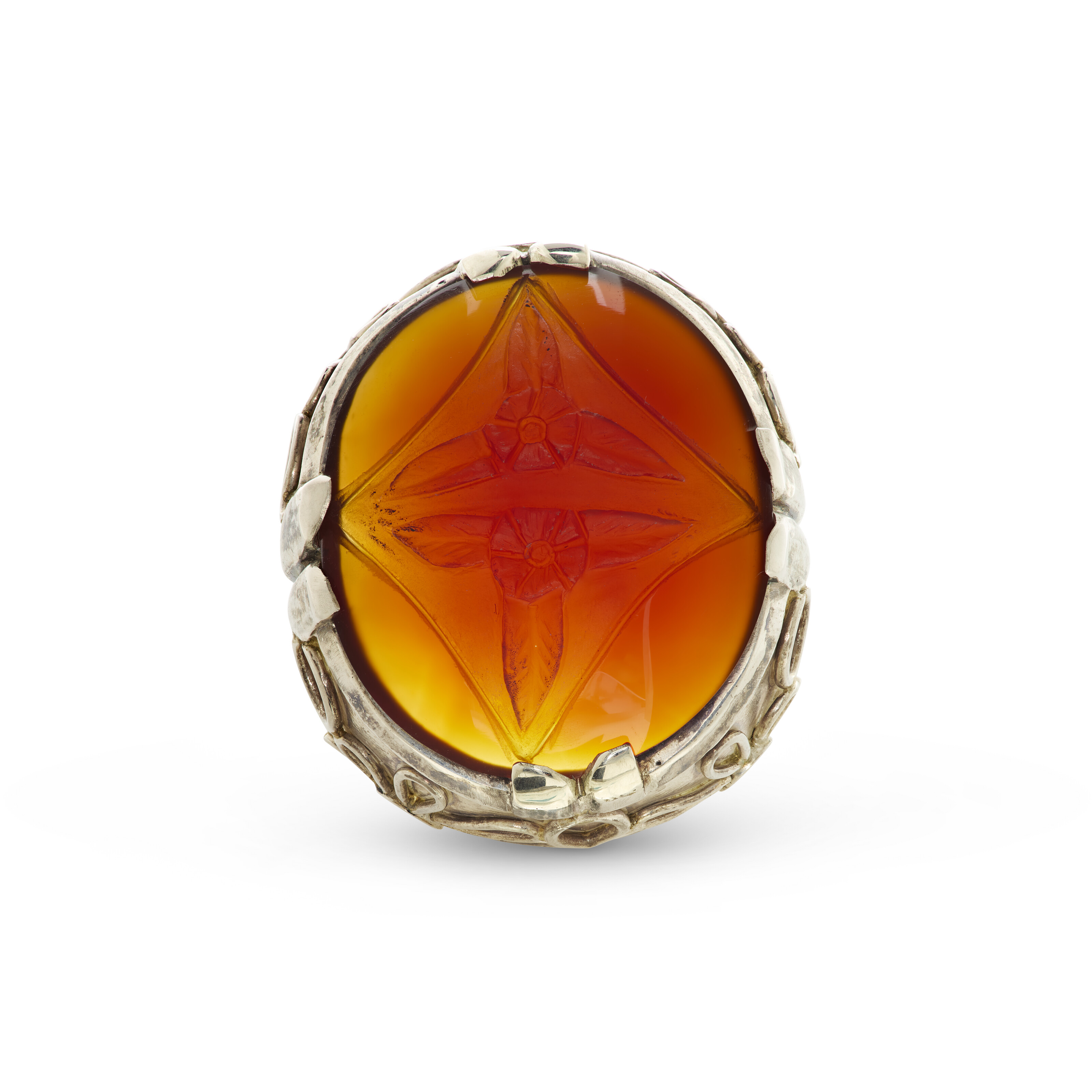 DONNA SACKOWITZ CARVED CARNELIAN AND SILVER RING INSPIRED BY THE RING WORN BY STANLEY TUCCI IN THE DEVIL WEARS PRADA FILMS