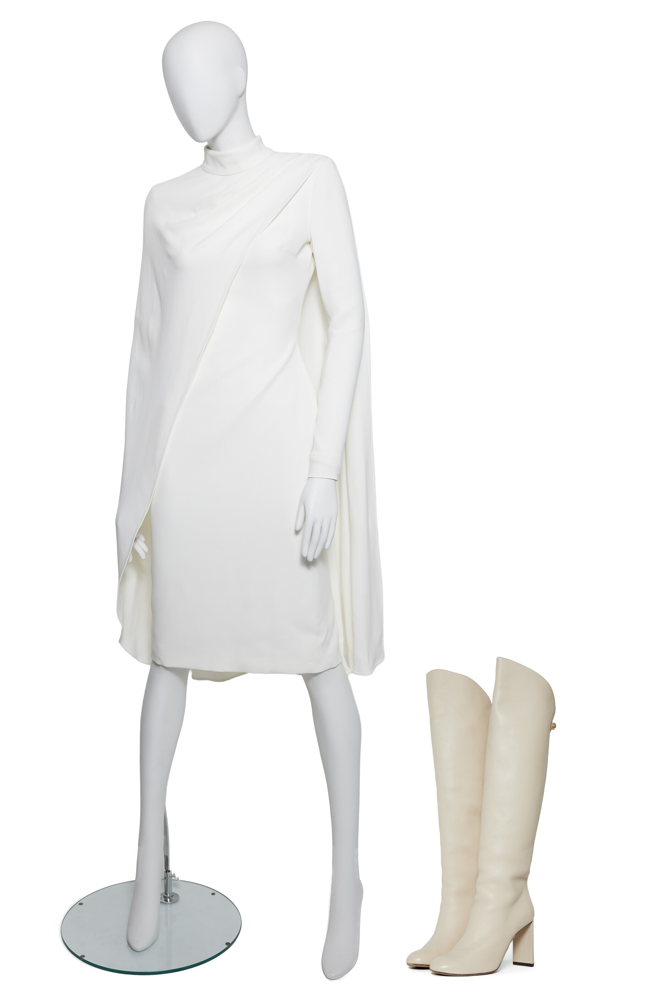 A PRODUCTION-MADE DOUBLE WHITE DRAPED DRESS & SCREEN WORN WHITE KNEE-HIGH BOOTS, WORN BY LUCY LIU