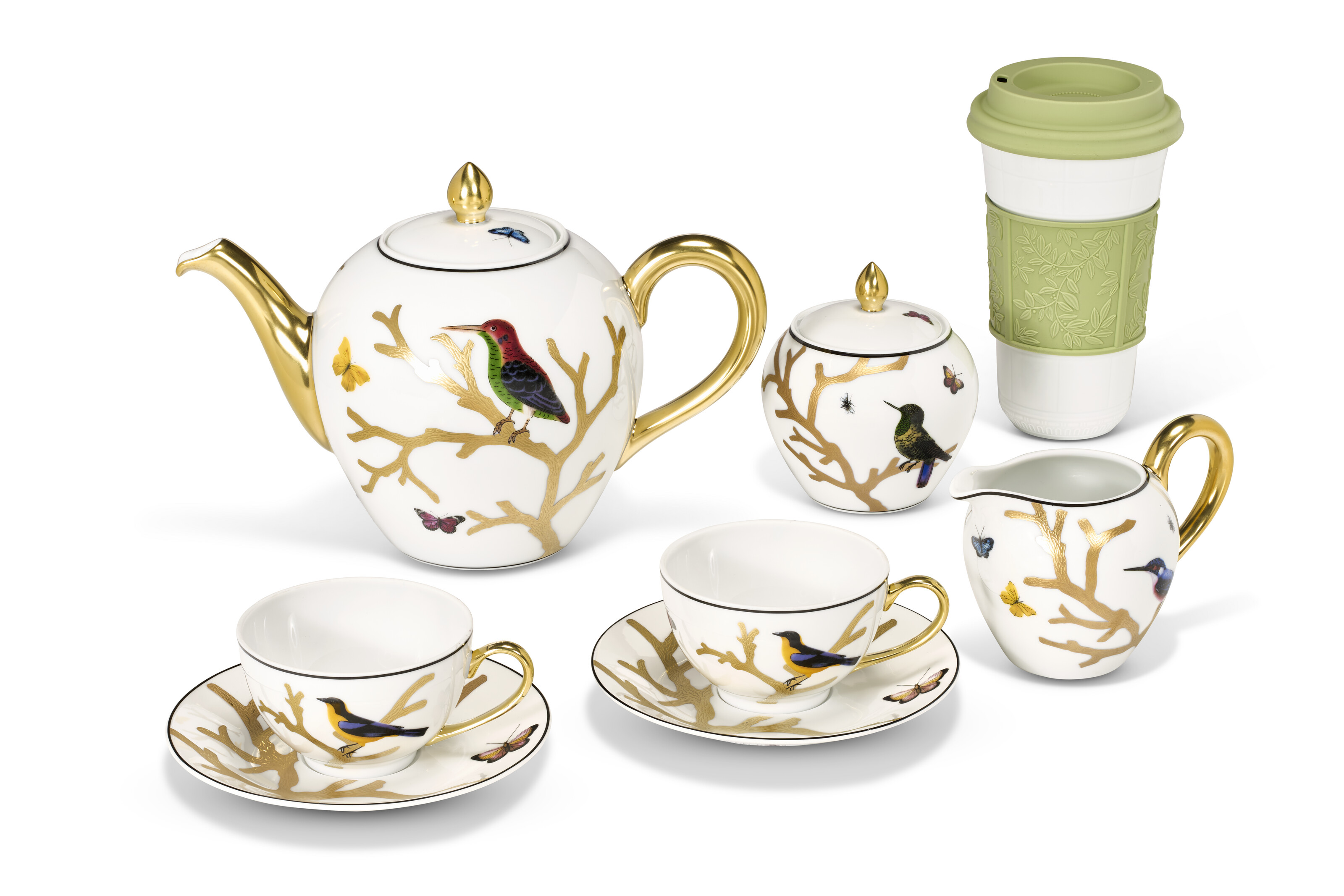 AN 'AUX OISEAUX' TEA SET AND TRAVEL MUG, AS FEATURED IN THE DEVIL WEARS PRADA 2