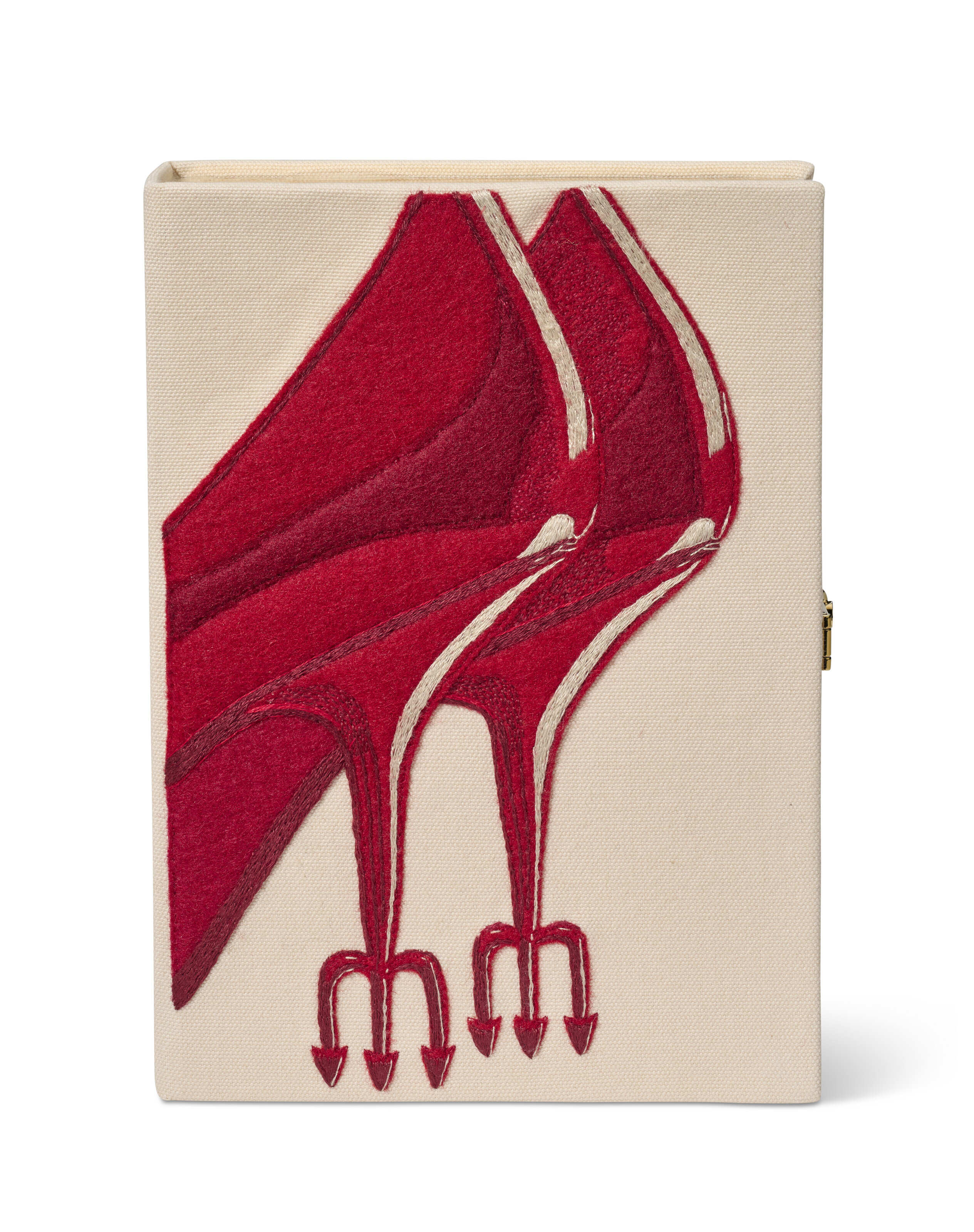 A CUSTOM RED & CREME EMBROIDERED CANVAS PITCHFORK BOOK CLUTCH