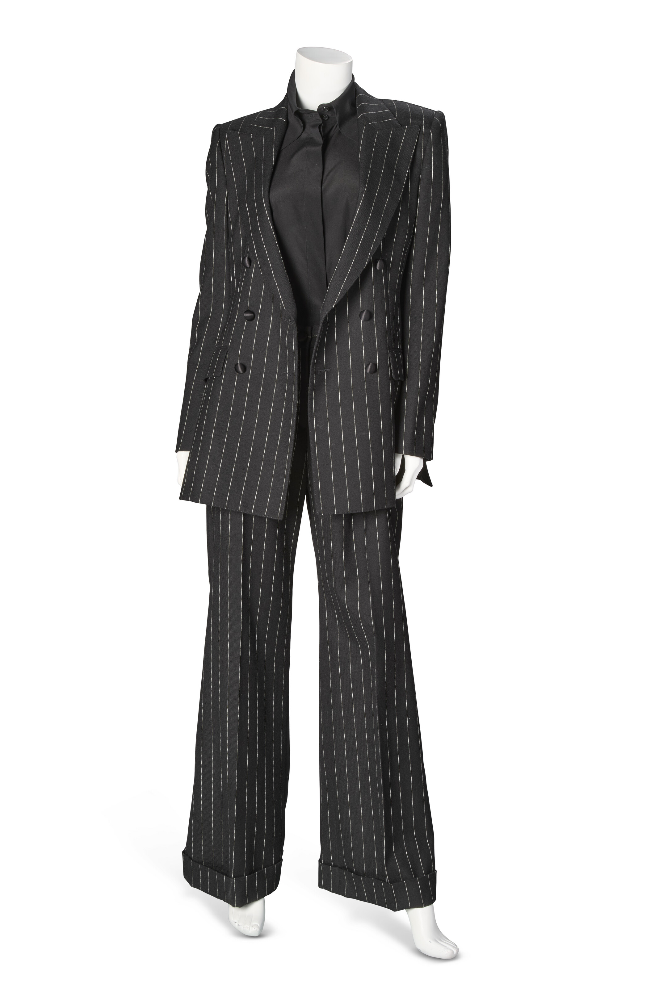 A BLACK PINSTRIPE WOOL SUIT & SILK BLOUSE WORN BY MERYL STREEP