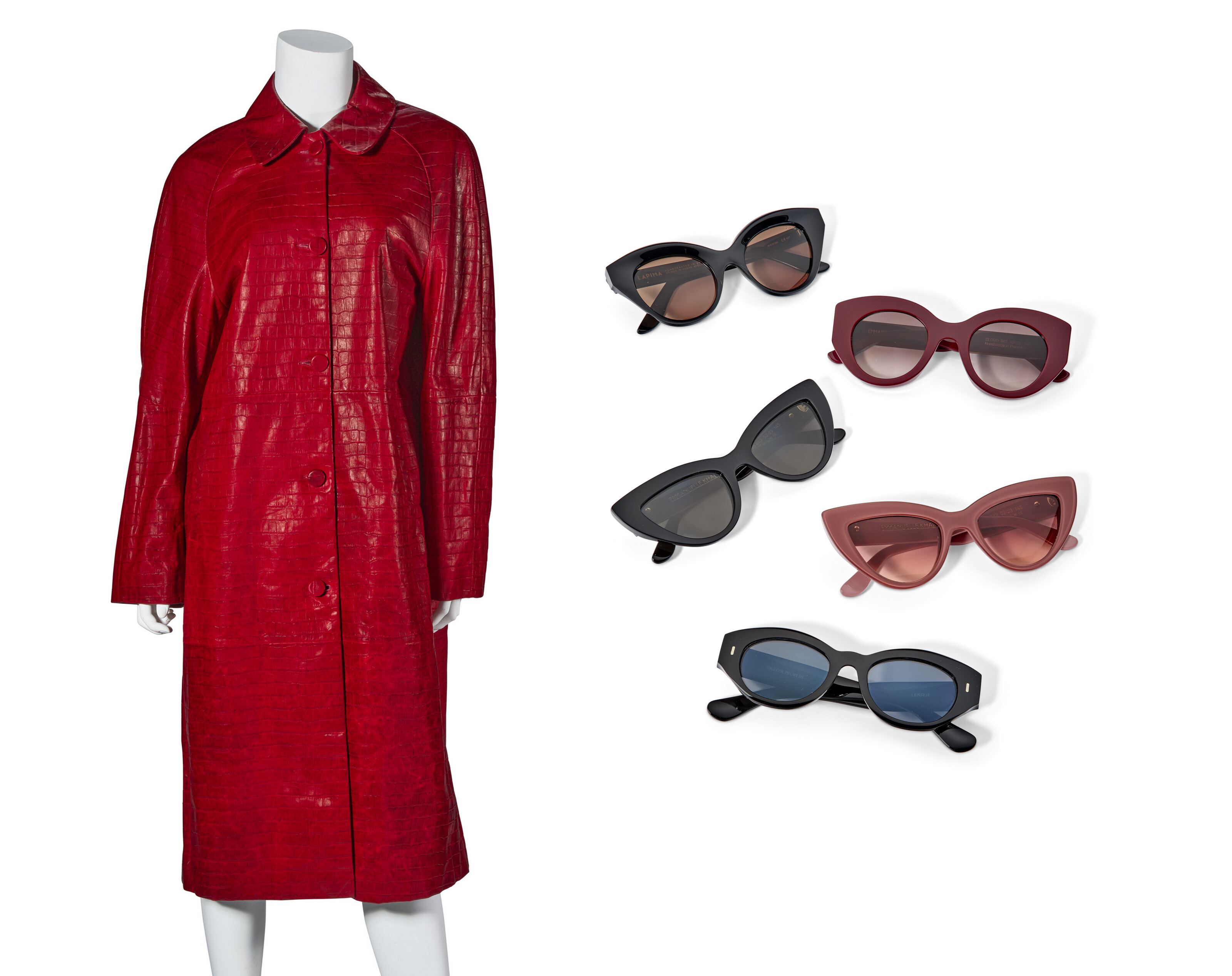 A RED EMBOSSED LAMBSKIN LEATHER DAY CROCO COAT & FIVE PAIRS OF SUNGLASSES