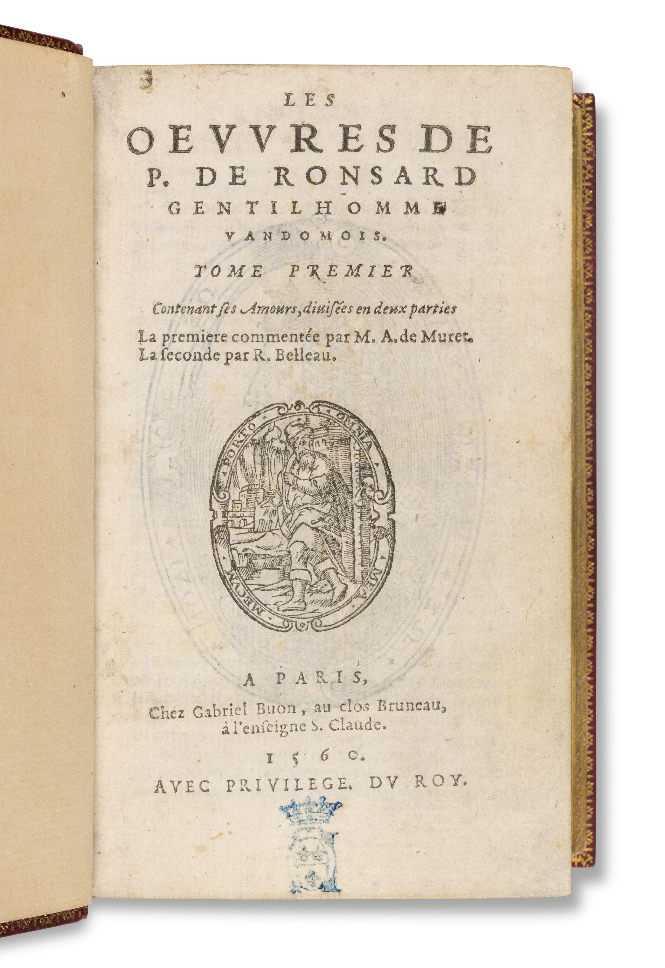 Pierre de Ronsard, Les Oeuvres de P. de Ronsard gentilhomme vandomois. Paris: Gabriel Buon, 1560. First edition of Ronsard's complete works; one of the only two complete copies known, the other being at the Bibliothèque Nationale de France. The first volume comes from the library of the Duc d'Aumale, King Louis Philippe's son. Offered in La bibliotheque poetique de Jean Paul Barbier-Mueller, 4e partie on 24 March 2026 at Christie's in Paris