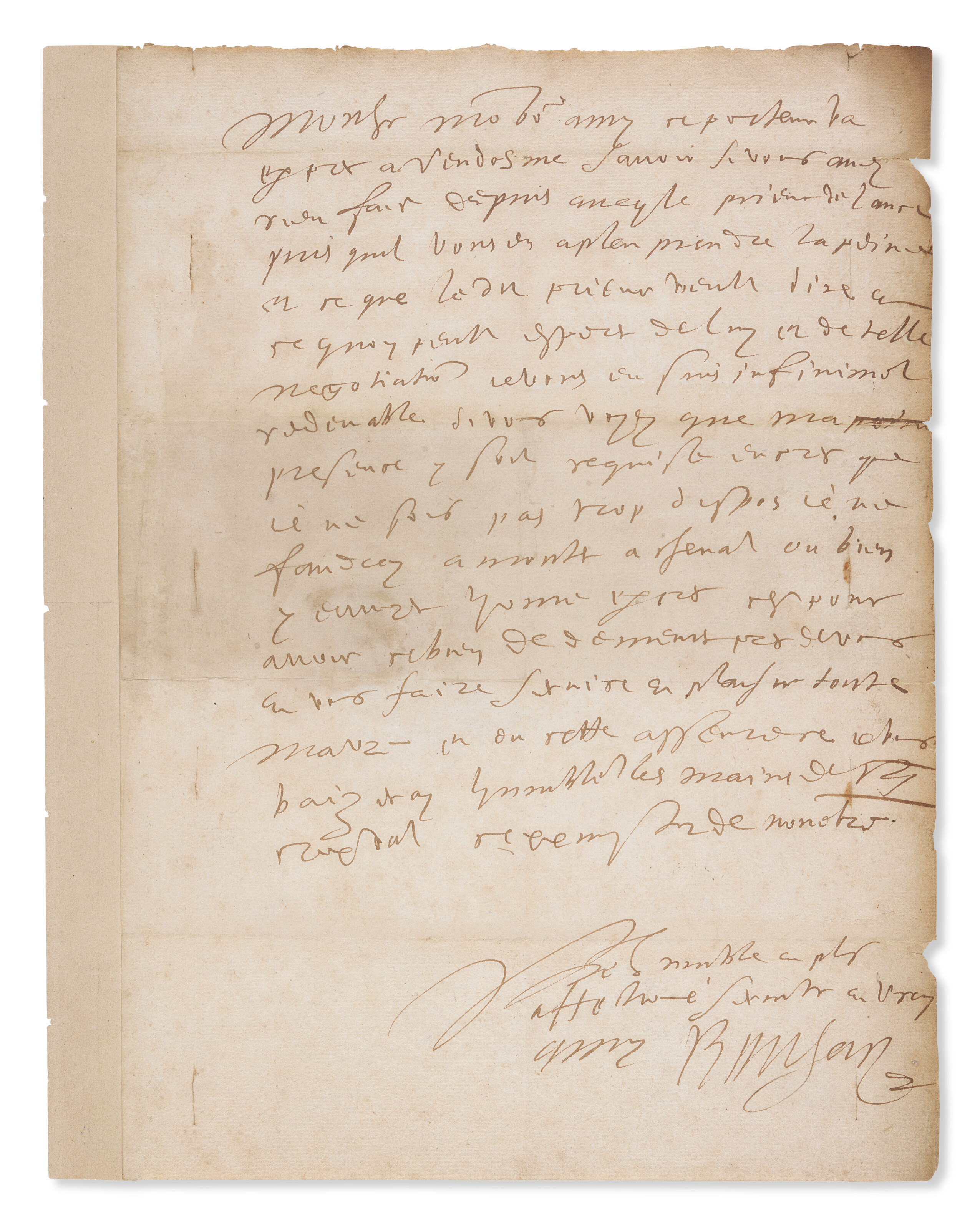 Pierre de Ronsard, Signed autograph letter 'A monsieur et meilleur amy monsieur Chrestian a Vendosme', 23 November [1584?]. One of only four surviving autograph letters signed by Ronsard, of which two are in private hands. Offered in La bibliotheque poetique de Jean Paul Barbier-Mueller, 4e partie on 24 March 2026 at Christie's in Paris
