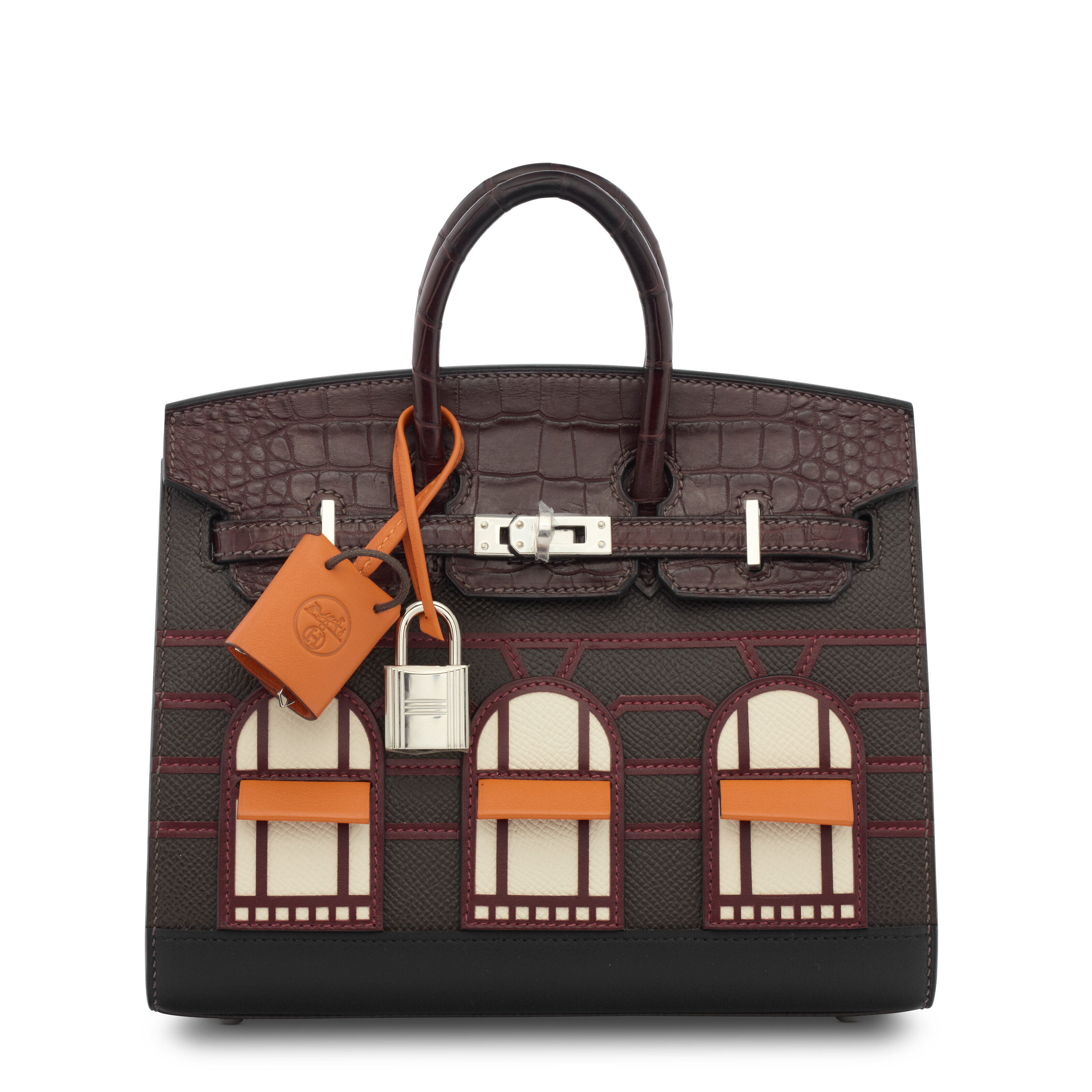 An exceptional limited edition, Matte Rouge Sellier alligator, ebene Epsom, Rouge H Swift, Orange H Swift, ebene Sombrero and Craie Swift leather Faubourg Rainy Day Sellier Birkin 20 with palladium hardware, Hermes, 2024, offered in Handbags Online: The Paris Edit, until 24 June 2026 at Christie's Online