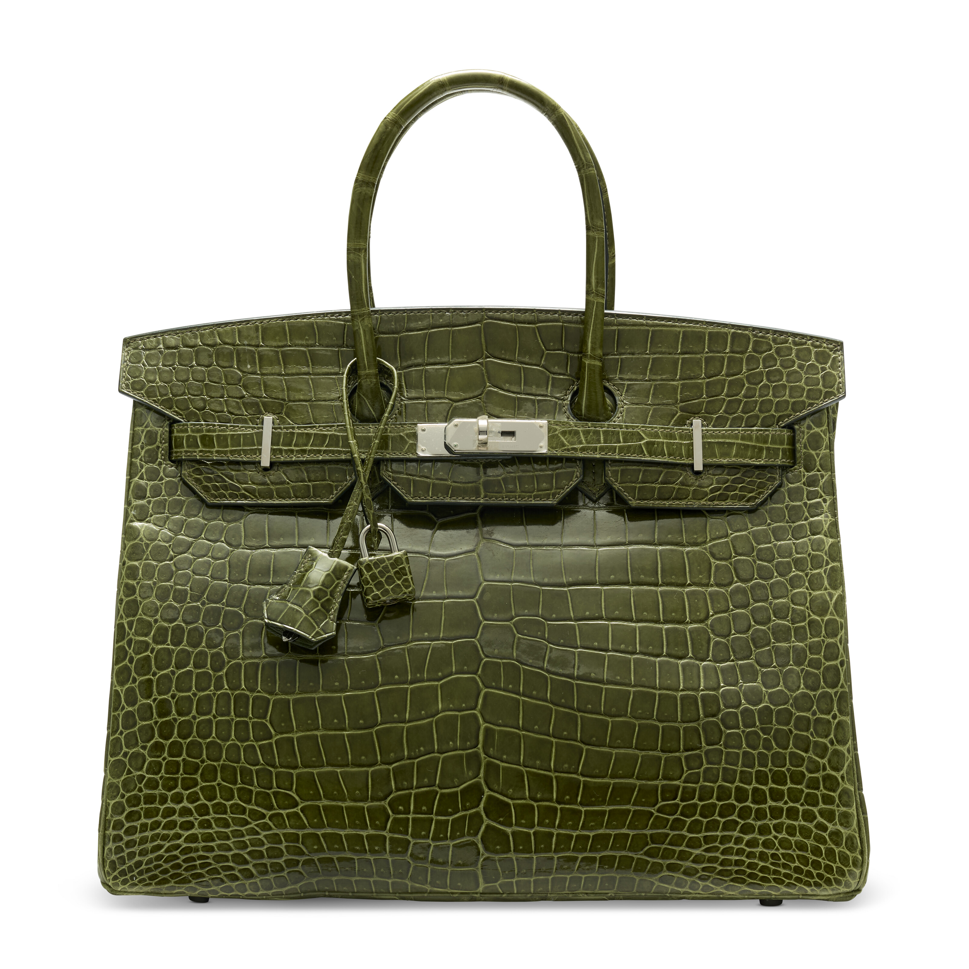 A special order shiny Vert Canopee and Pelouse porosus crocodile Birkin 35 with palladium hardware, Hermes, 2014, offered in Handbags Online: The Paris Edit, until 24 June 2026 at Christie's Online