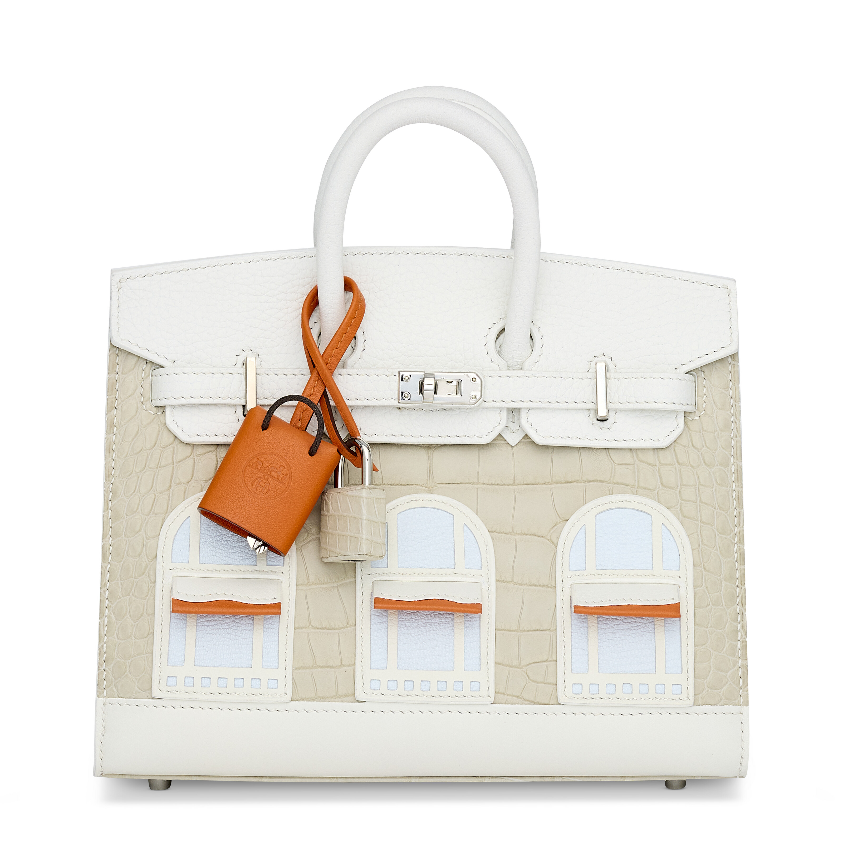 A rare, matte Beton alligator, White Togo, Swift and Sombrero, Orange H and Craie Swift and Bleu Brume Chevre leather Faubourg Sous la Neige Sellier Birkin 20 with palladium hardware, Hermes, 2021, offered in Handbags Online: The Paris Edit, until 24 June 2026 at Christie's Online