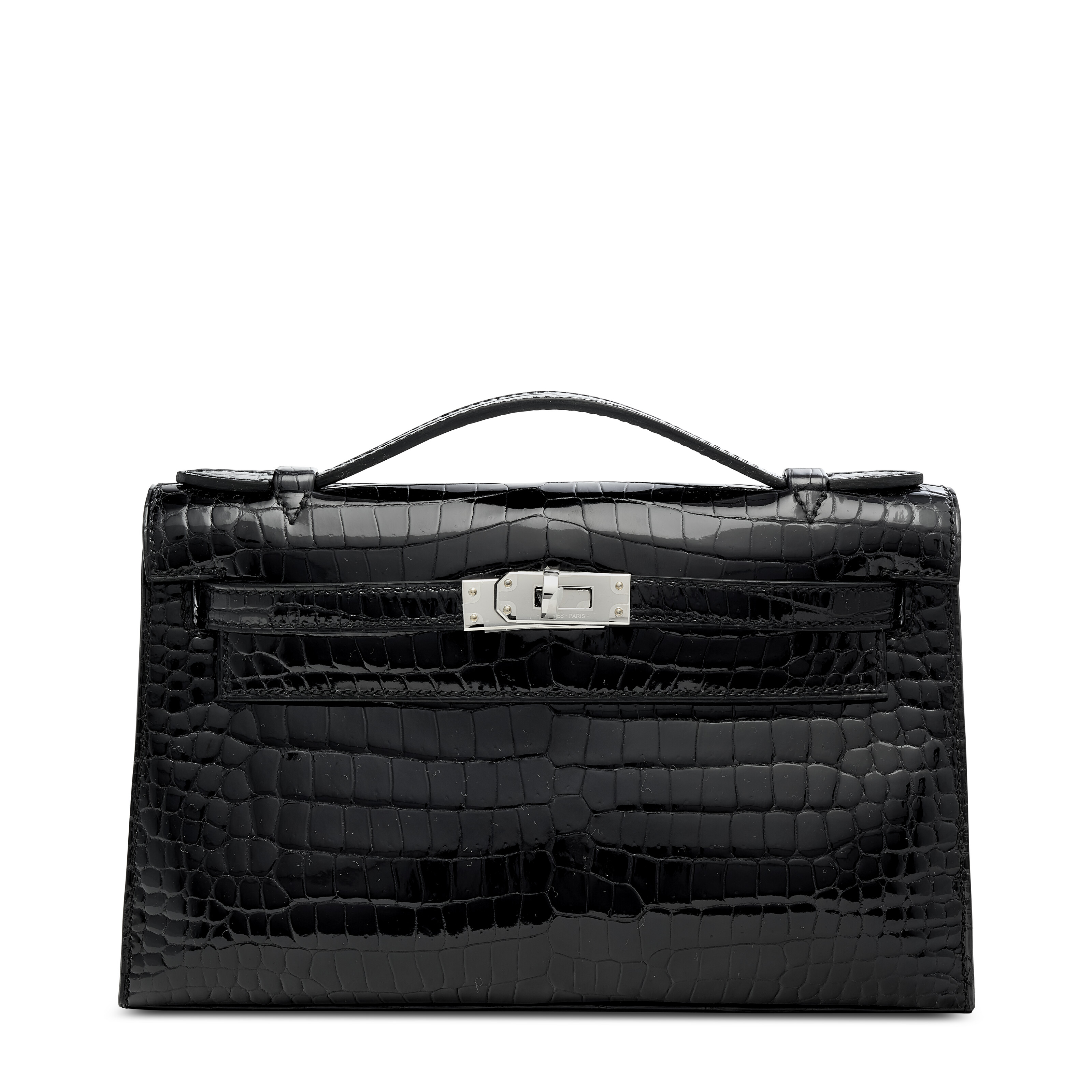 A shiny black Porosus crocodile Kelly Pochette with palladium hardware, Hermes, 2023, offered in Handbags Online: The Paris Edit, until 24 June 2026 at Christie's Online