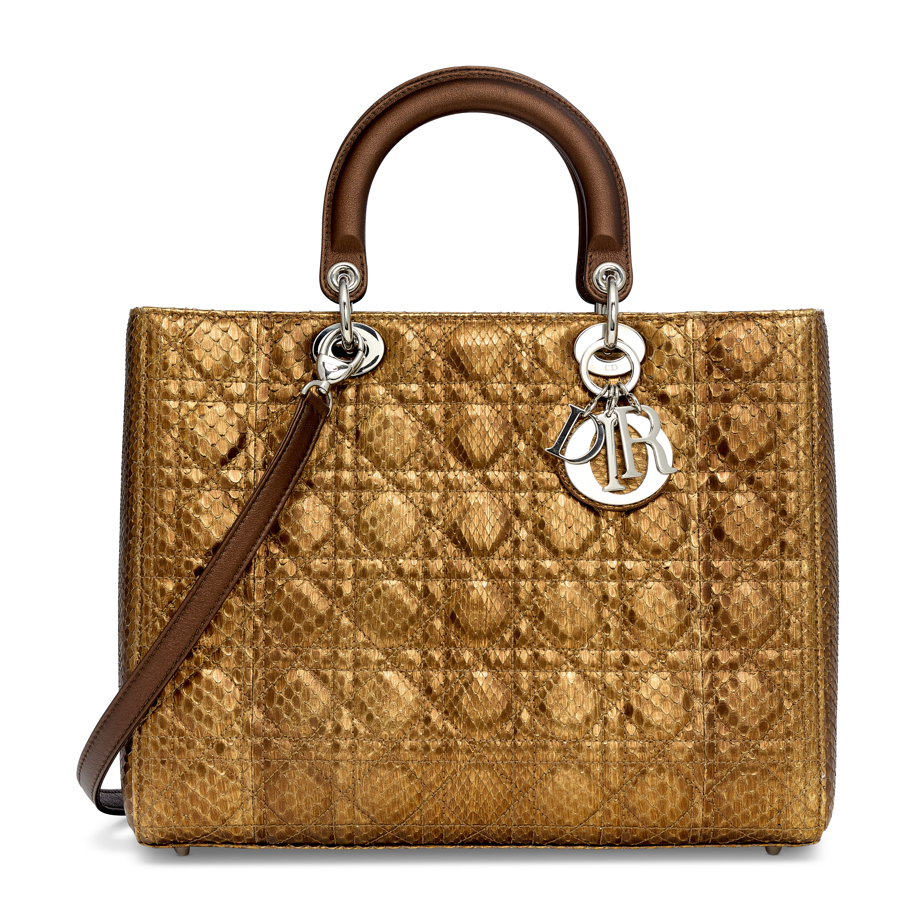 A METALLIC GOLD & BRONZE SNAKESKIN LARGE LADY DIOR WITH SILVER HARDWARE ...