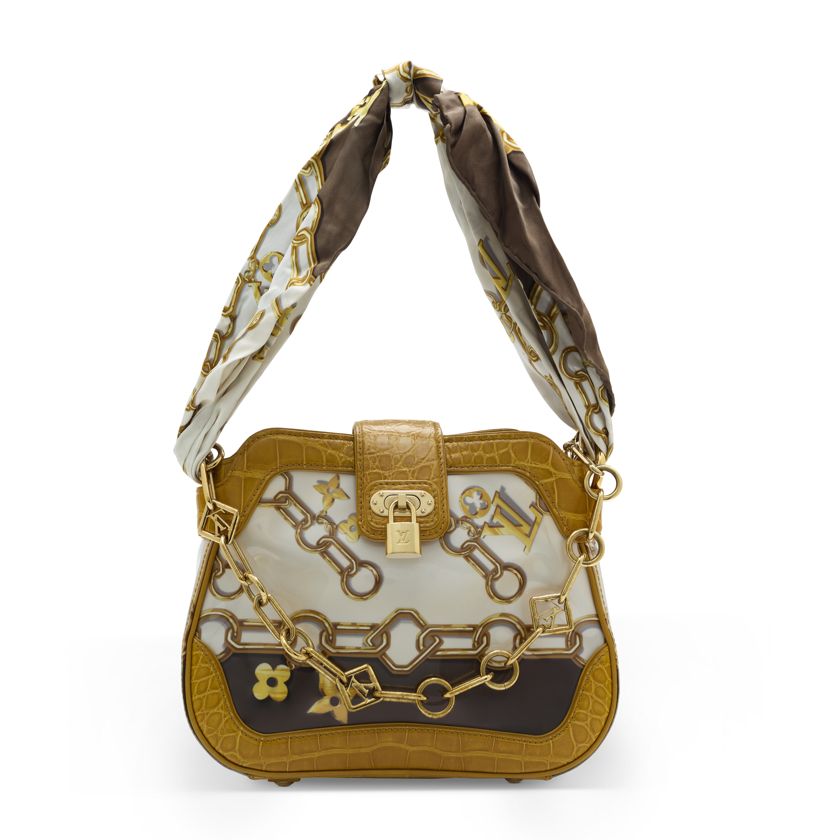 A RUNWAY SHINY OCHRE ALLIGATOR & MONOGRAM SILK CHARMS LINDA WITH