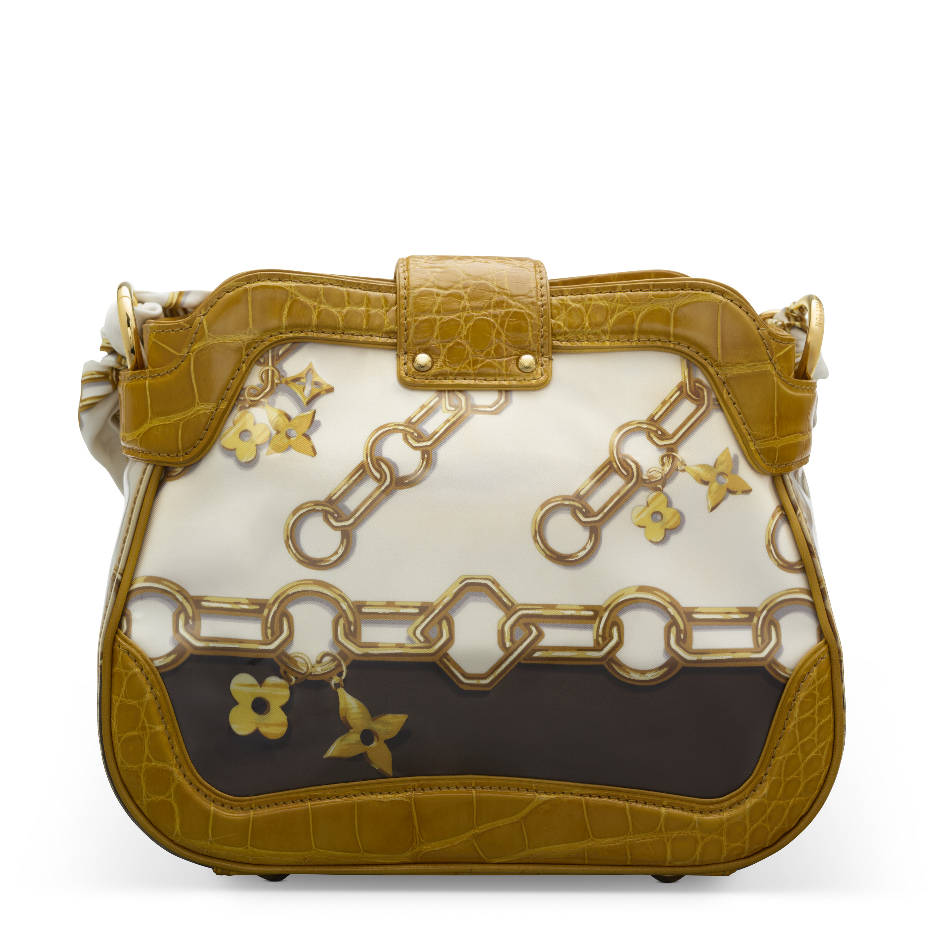 A RUNWAY SHINY OCHRE ALLIGATOR & MONOGRAM SILK CHARMS LINDA WITH