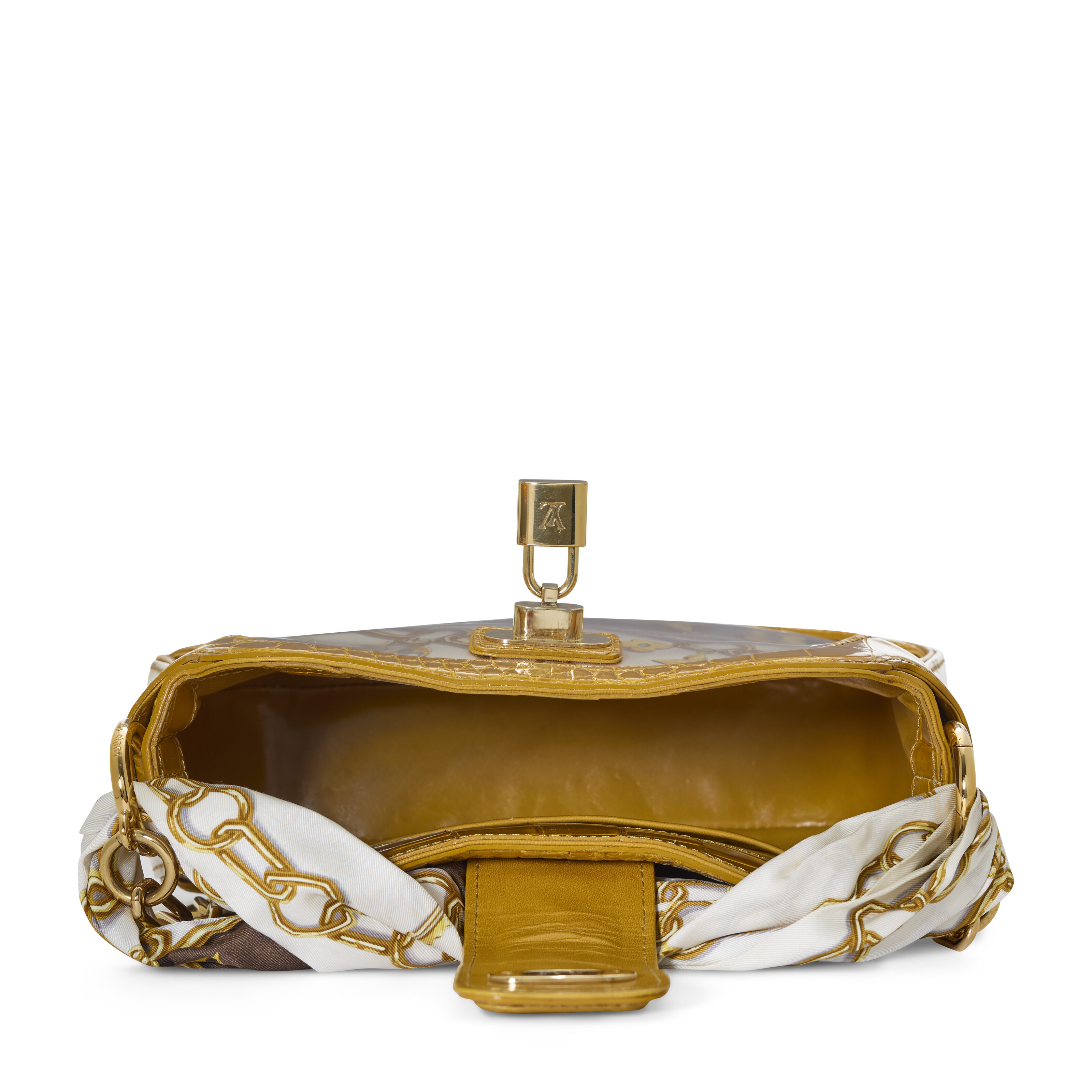 マリーゴールド出品 A RUNWAY SHINY OCHRE ALLIGATOR & MONOGRAM SILK CHARMS LINDA WITH