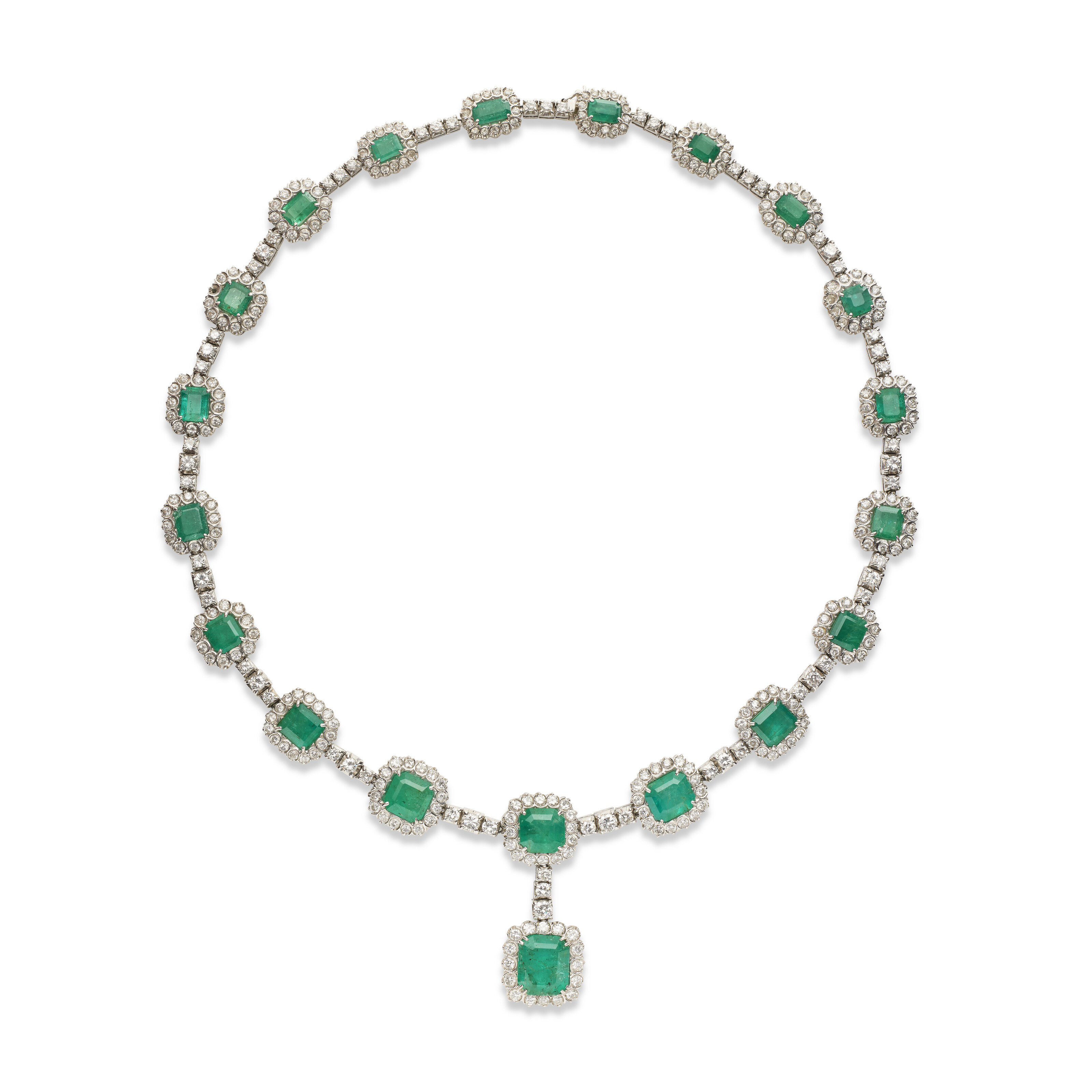 An emerald and diamond necklace. A matching set of earrings is included in the lot, offered in Joaillerie Paris, until 26 June 2026 at Christie's Online