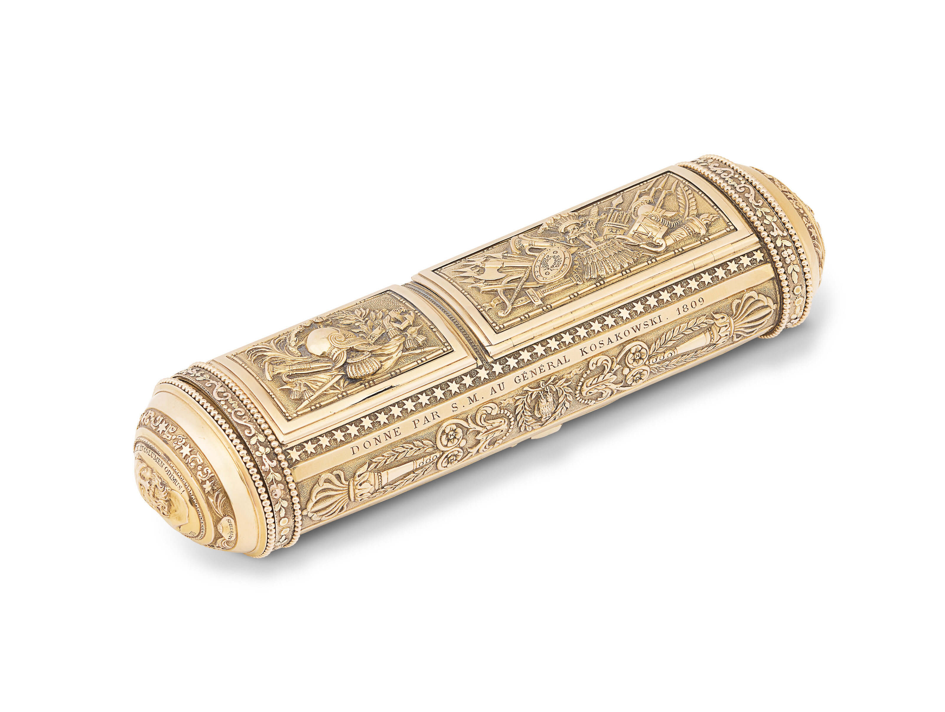 Presented by Napoleon Bonaparte to General Kosakowski, an Empire gold combined necessaire and double snuff-box, probably Portugal or Brazil, circa 1809; the instruments by J.P. Adour, offered in Collections: incluant la succession de Francoise Lambert, vendue au profit de la Societe des Amis de Versailles, until 1 October 2026 at Christie's Online