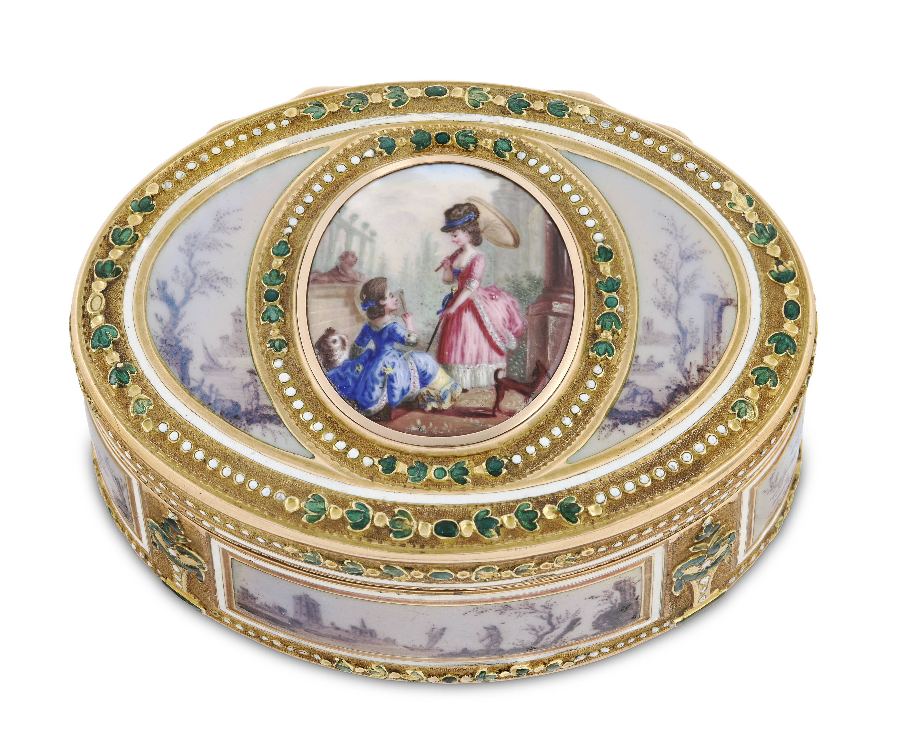 A German enamelled gold snuff-box, mark of Les Freres Toussaint, Hanau, circa 1790, offered in Collections: incluant la succession de Francoise Lambert, vendue au profit de la Societe des Amis de Versailles, until 1 October 2026 at Christie's Online