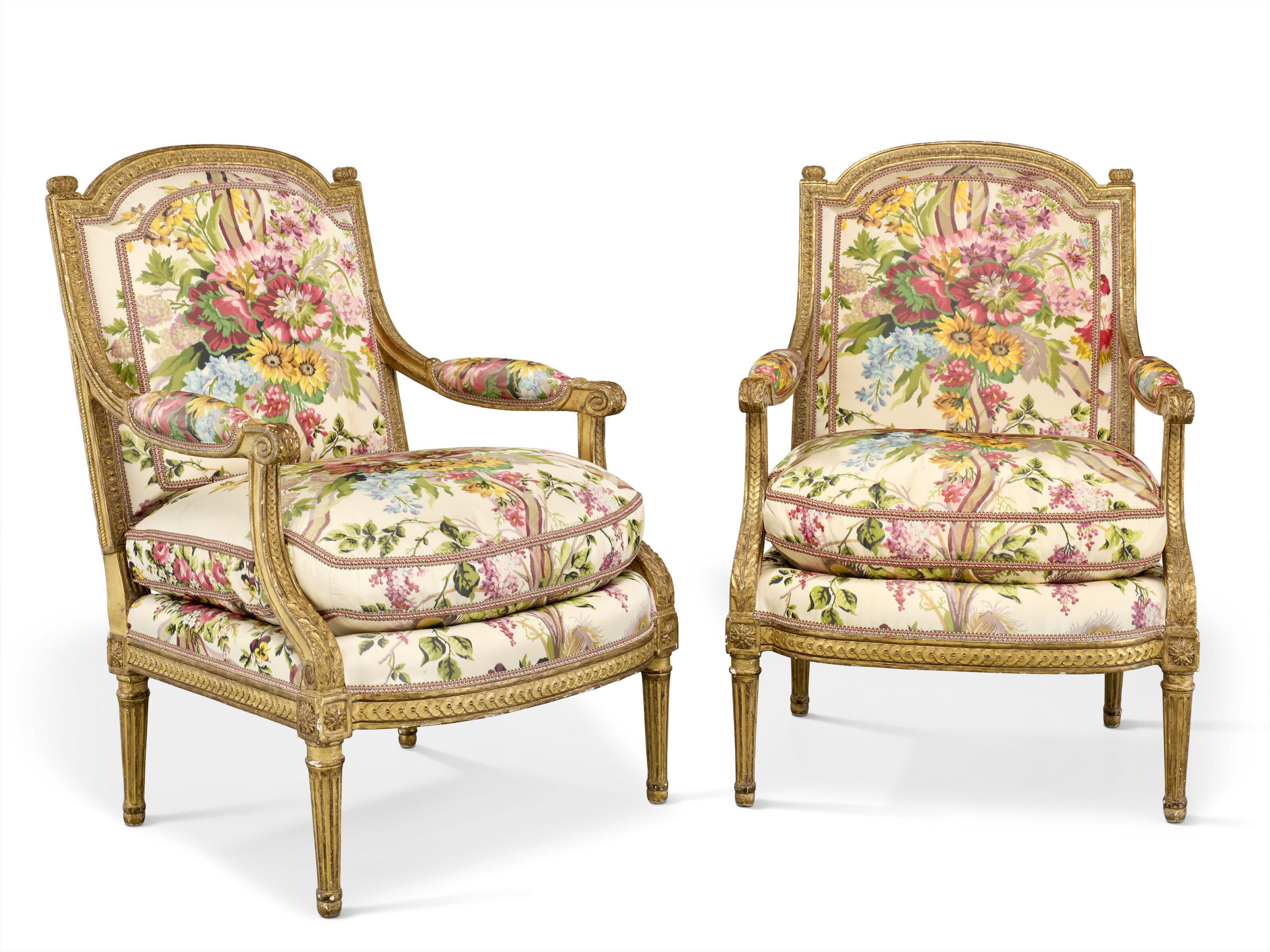 A pair of Louis XVI giltwood royal armchairs, stamped by Georges Jacob, delivered by the Garde-meuble de la Couronne for the private study of Louis XVI at the Chateau de Fontainebleau, 1786, offered in Collections du Chateau de Tournay: Les Arts Decoratifs on 17 June 2026 at Christie's in Paris