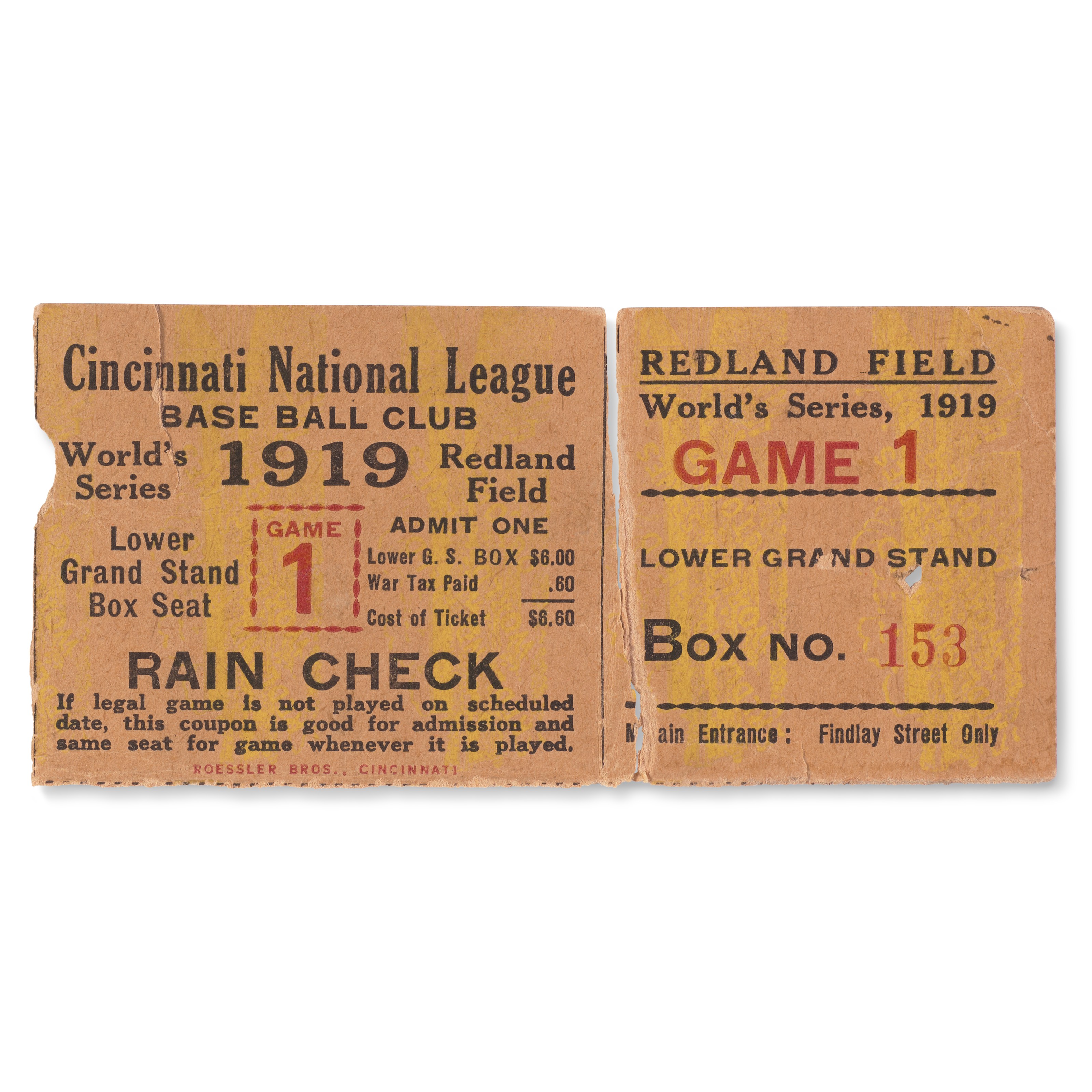 1919 World Series Game (1) Ticket Stub
