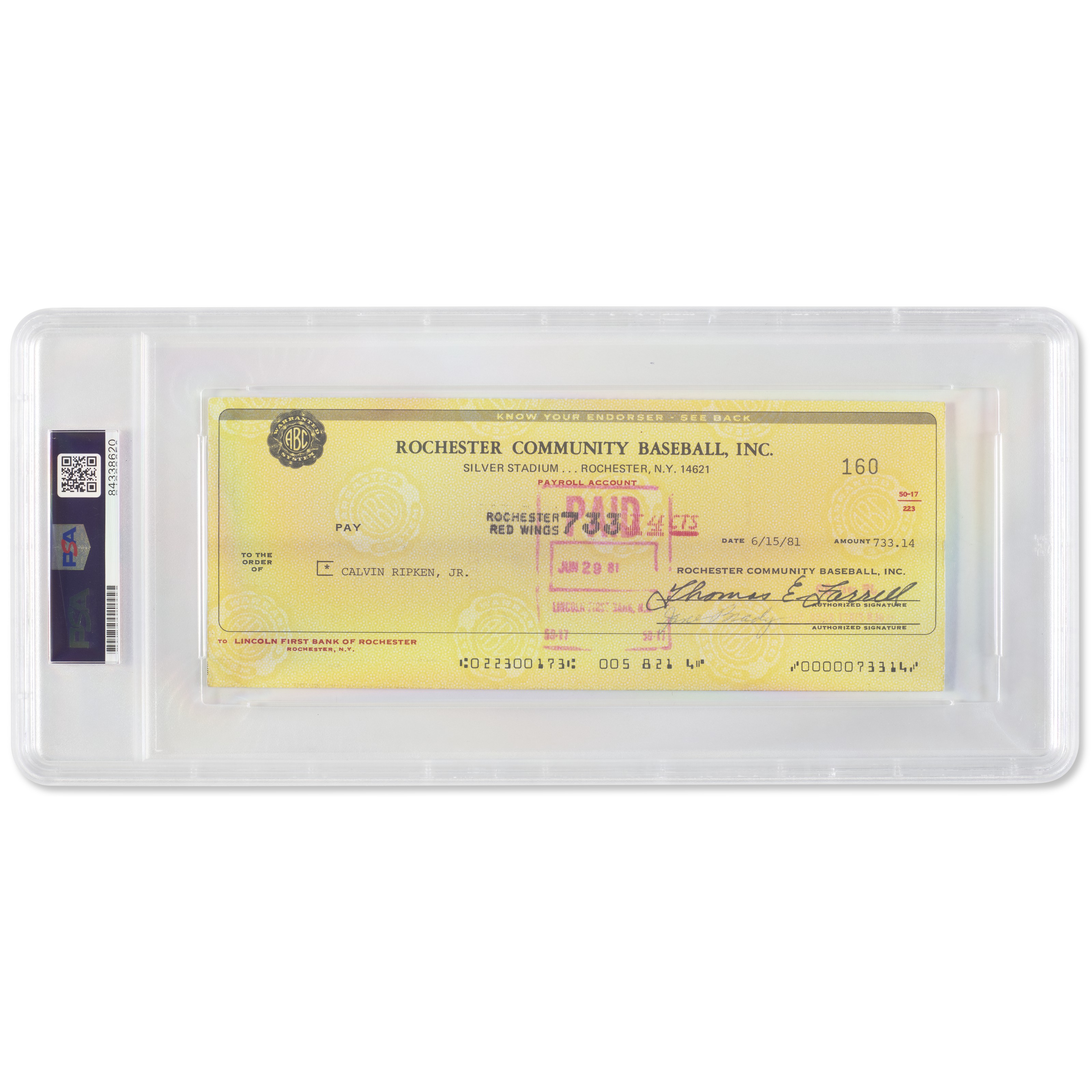 Rare 1981 Cal Ripken, Jr. Rochester Red Wings Autographed Paycheck (PSA/DNA...
