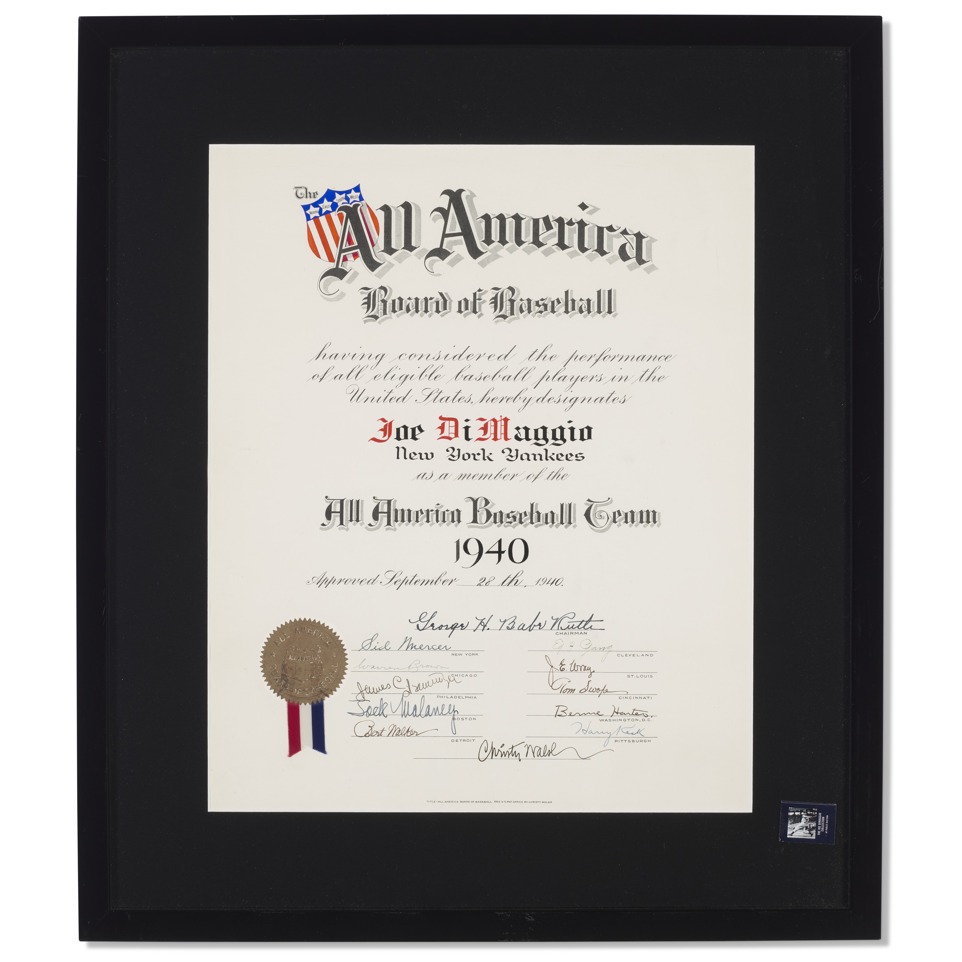 1940 Joe DiMaggio All America Board of Baseball Certificate Autographed by...