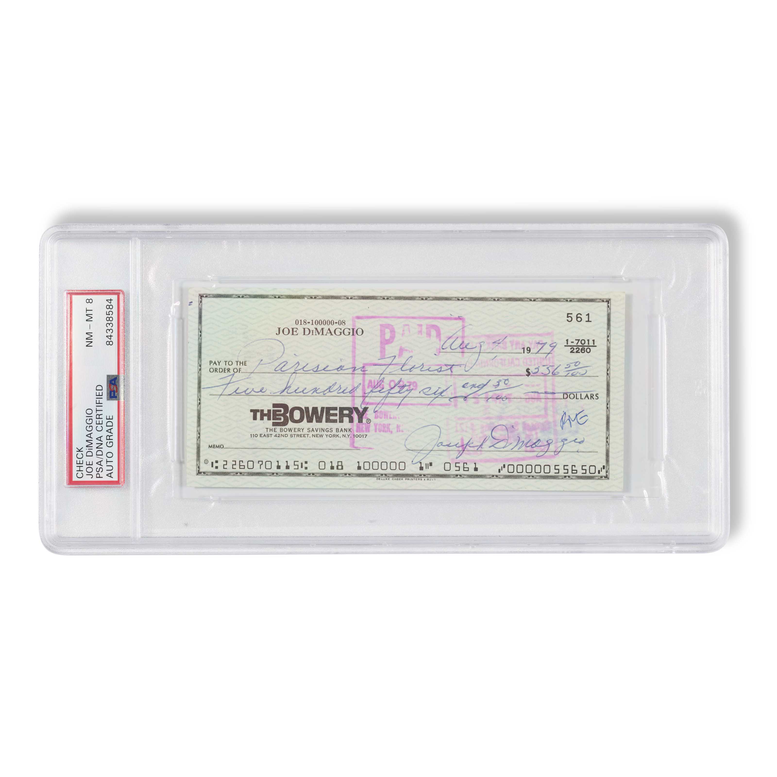 Joe DiMaggio Autographed Personal Check: Marilyn Monroe Memorial Flowers...