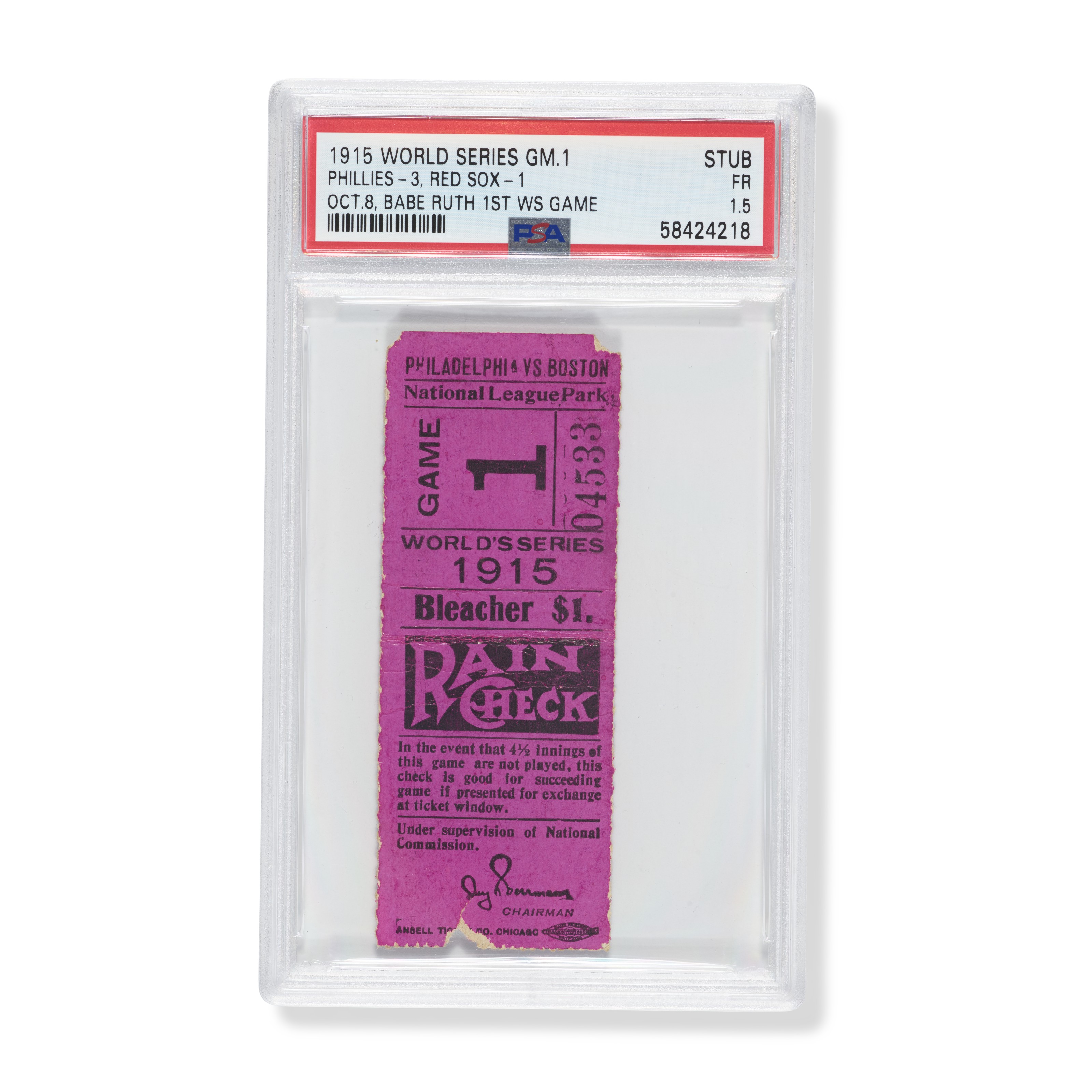 Desirable 1915 World Series Game (1) ticket stub - Babe Ruth's first World...