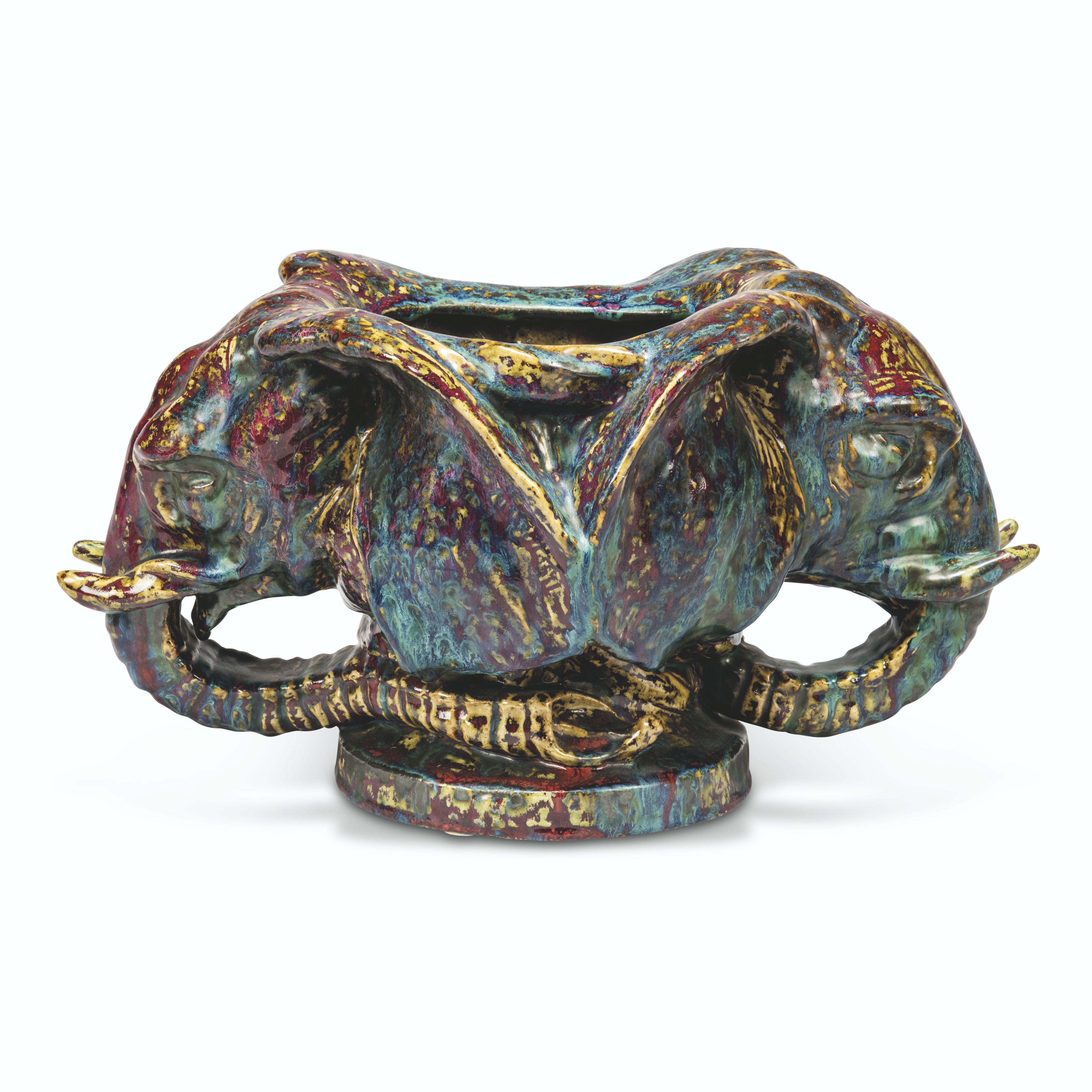 A FRENCH STONEWARE DOUBLEHEADED ELEPHANT VASE BY PIERREADRIEN