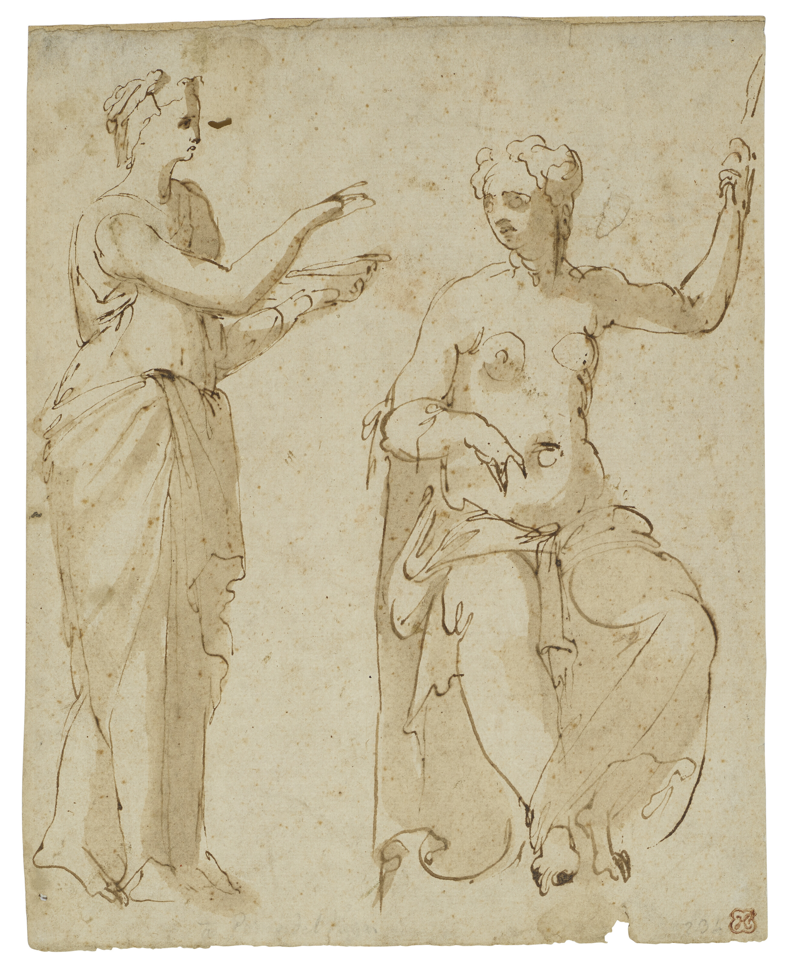 European Old Master Drawing, Man, Watercolor and Ink Wash