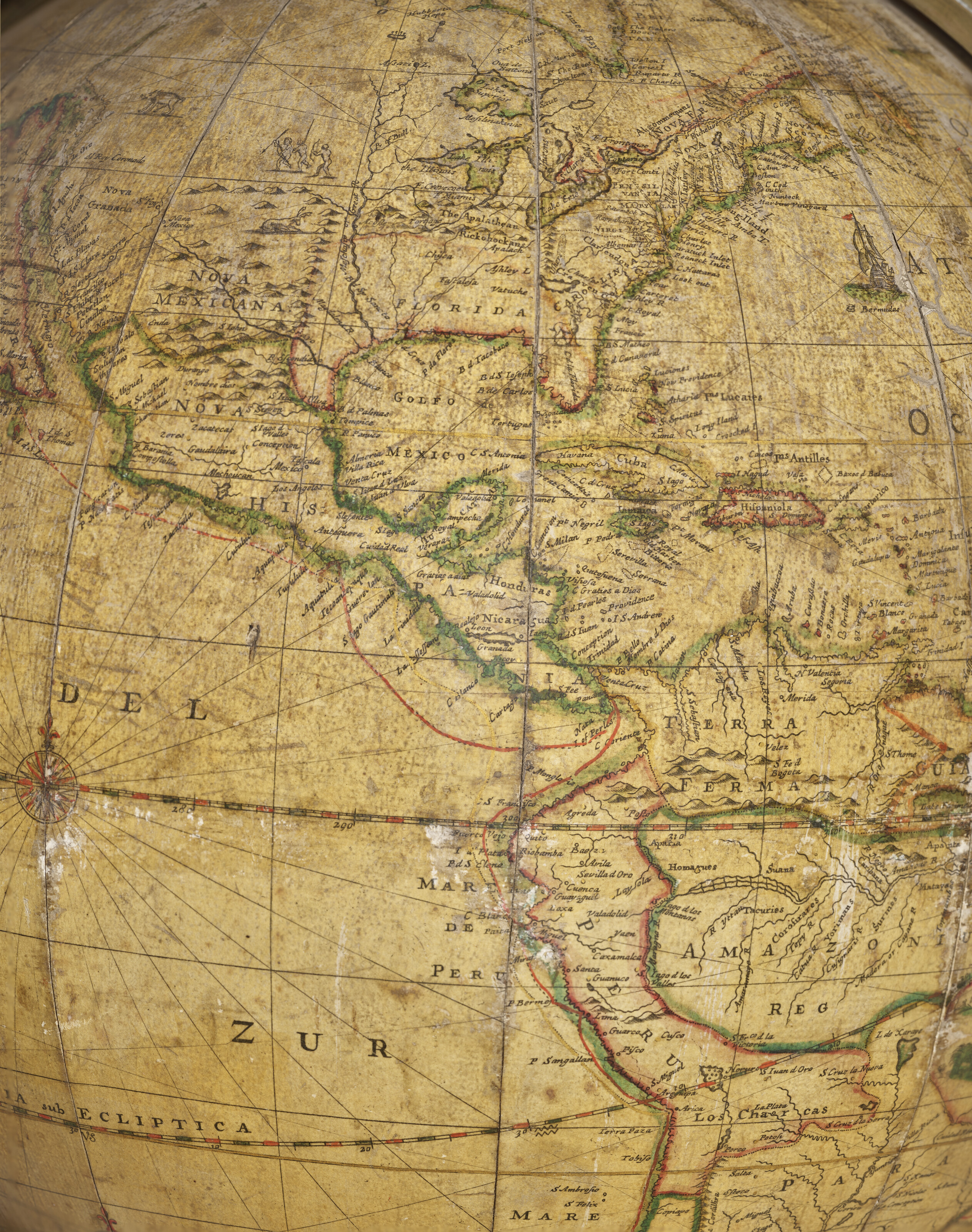 In the terrestrial globe's representation of the Americas, California is shown as an island and Canada has no northern or western coasts
