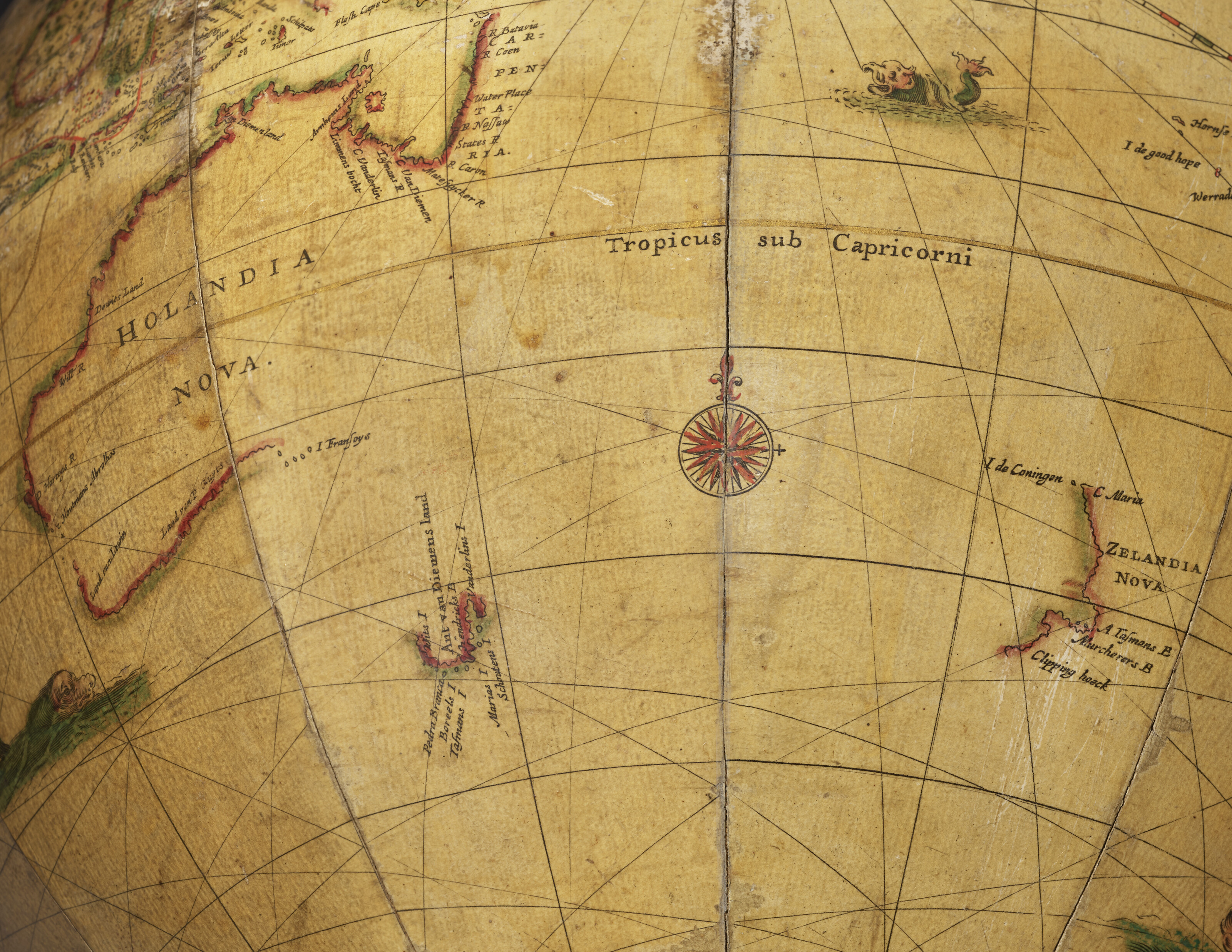 Australia and New Zealand are only partially delineated according to Abel Tasman's voyage of 1644