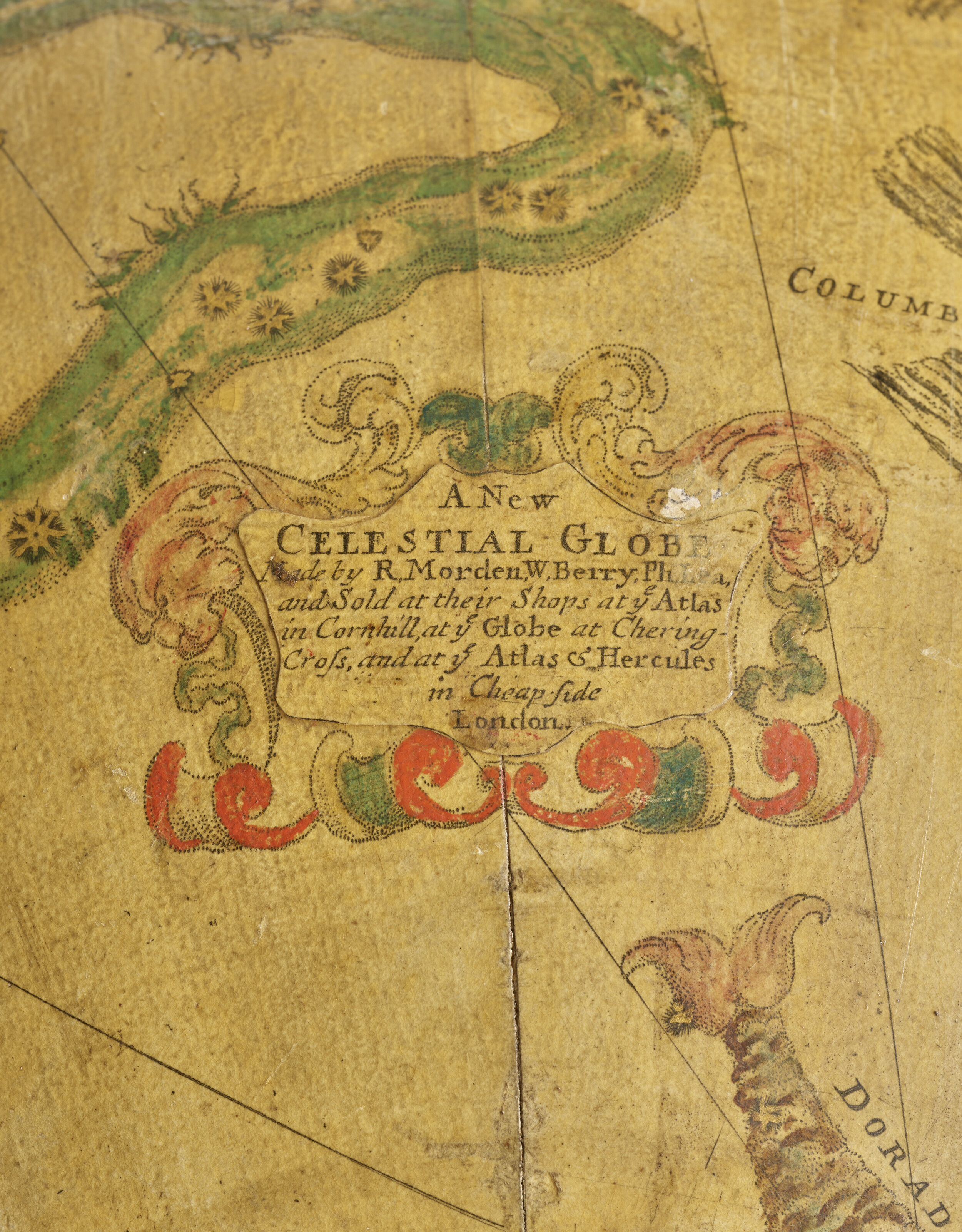The cartouche of the celestial globe, like its terrestrial counterpart, advertises the shops in London owned by Morden, Berry and Lea