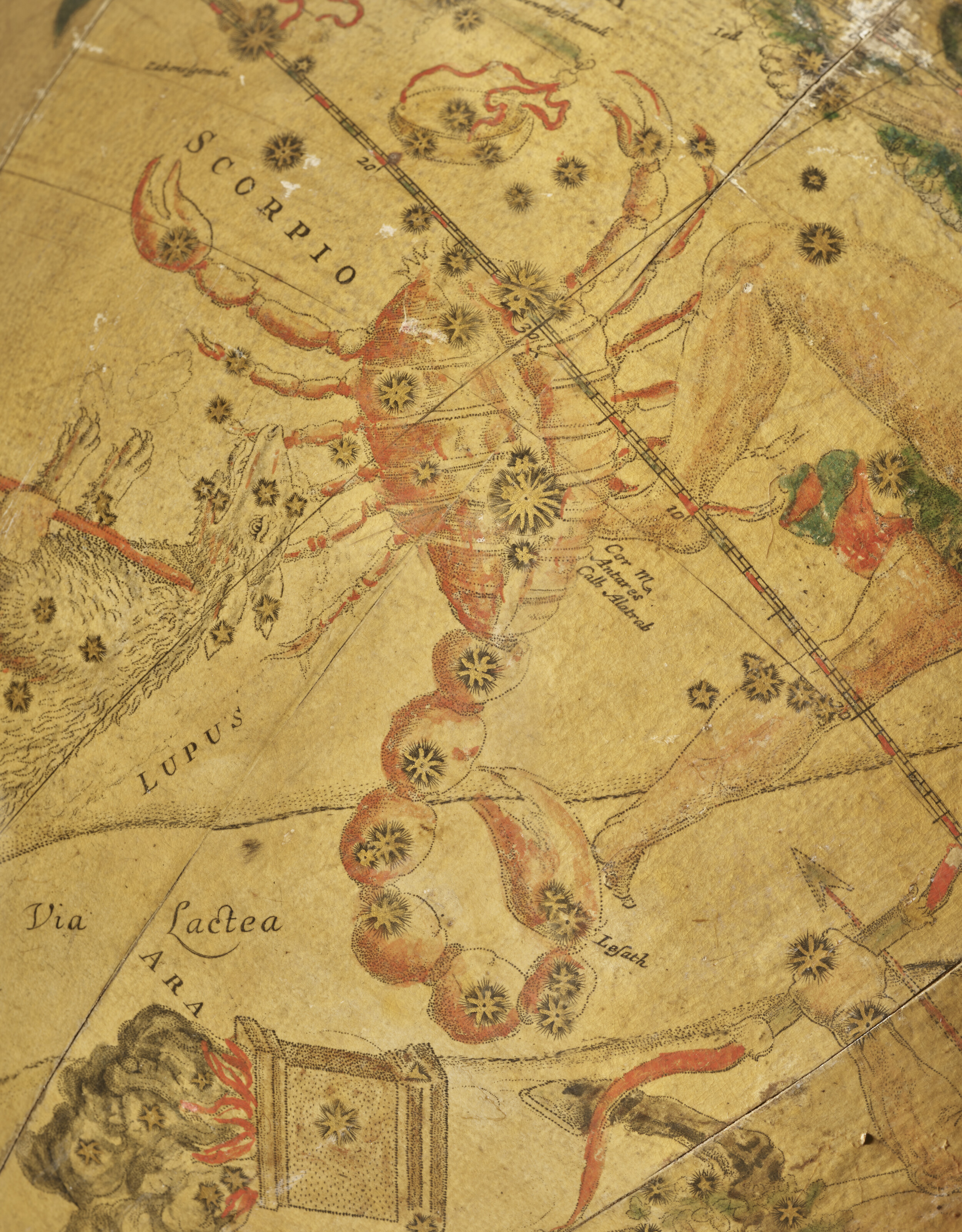 The Milky Way (Via Lactea) and a lavish depiction of the constellation of Scorpio appear on the celestial globe