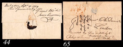 cover 1819 (3 Sept.) entire letter from Demerara to Liverpool, rated "1/2", showing fair step-type "LIVERPOOL/SHIP LETTER" with, on reverse, manuscript "Barbados, Sept 10 1819, Recd & forwarded by Yr most Obd Servt, James Cummins" forwarding endorsement; the entire a little worn and soiled along folds. Photo
