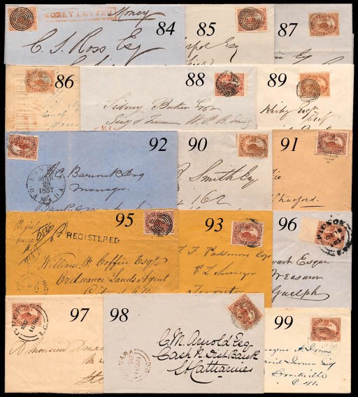 cover 1857 (Sept.) envelope (small tear at top) from Port Sarnia to Toronto, bearing medium paper 3d. red with good to large margins and showing "n, Wright, Hatch & Edson, Ne" portion of imprint at right, tied by two light strikes of the target obliterator and showing a light strike of the despatch c.d.s. at left. R.P.S. Certificate (1963). Photo
