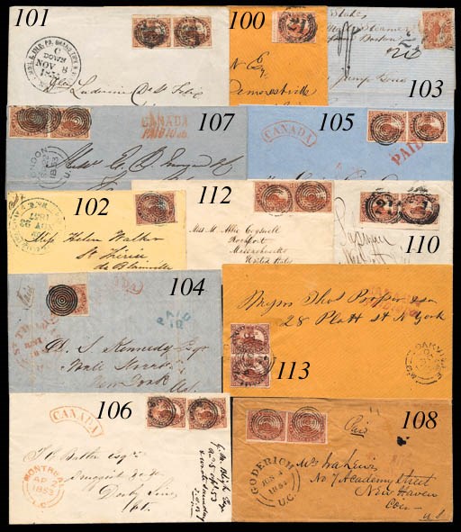 cover 1859 (17 Jan.) envelope from Montreal to Demorestville, bearing 3d. red on medium paper with good to large margins and showing "n, Wright, Hatch & Edson, Ne" portion of imprint at left, cancelled "21" leaving imprint clearly visible, Montreal c.d.s. at lower left corner, Belleville and arrival c.d.s. on reverse. Photo