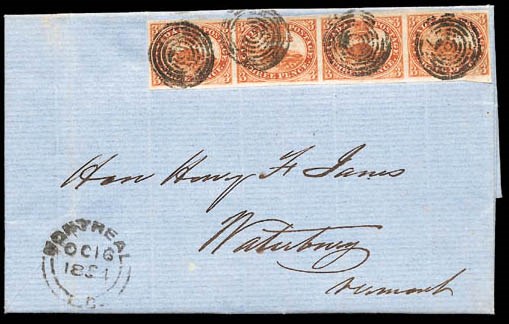 1854 (16 Oct.) entire letter from Montreal to Waterbury, bearing medium paper 3d. red strip of four each neatly cancelled with target obliterator and showing Montreal c.d.s. at lower left corner; the second stamp with light filing crease which does not detract from the fine appearance of this most attractive double rate franking. Photo