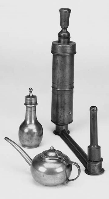A 19th-Century pewter enema apparatus,